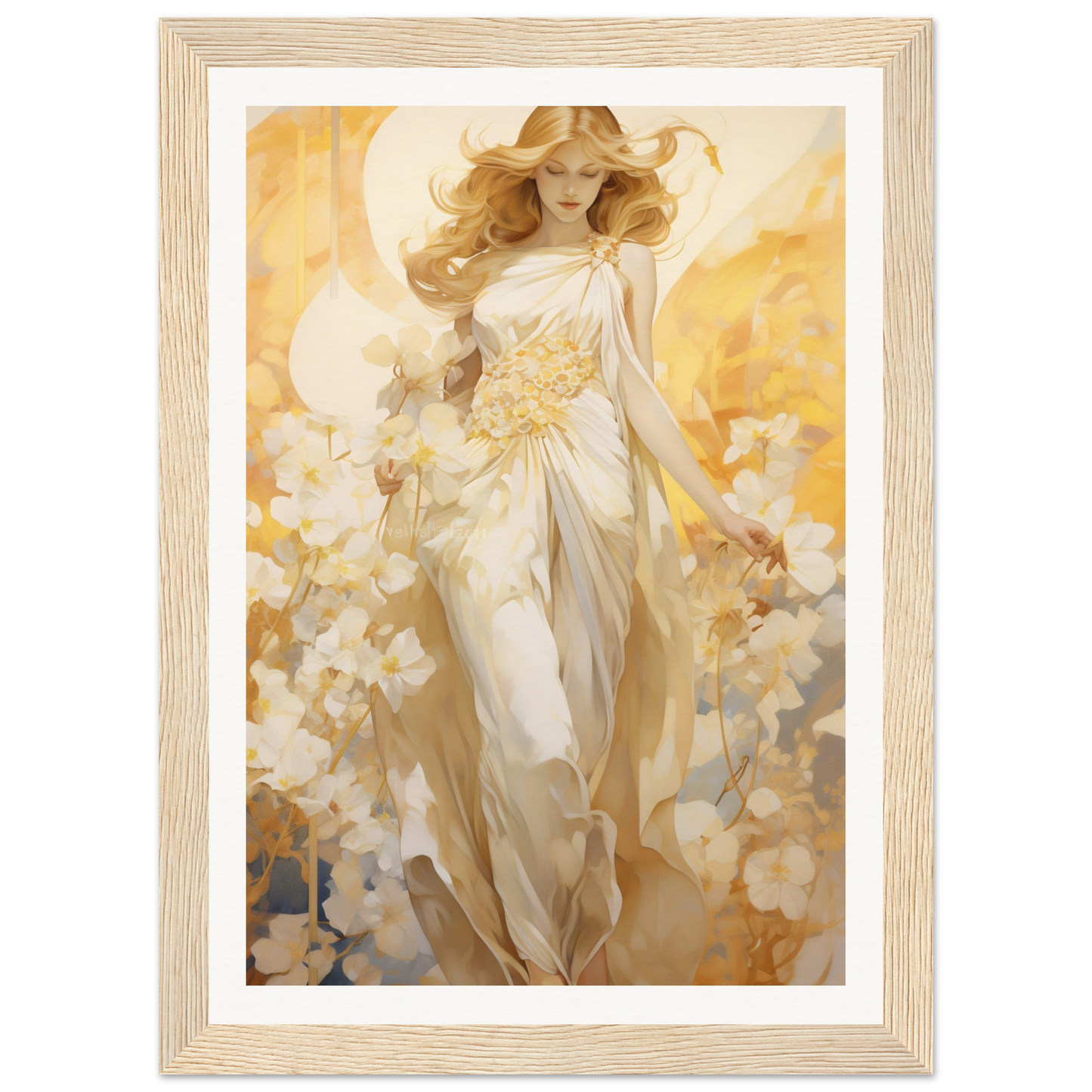A painting of a woman in a white dress and hat