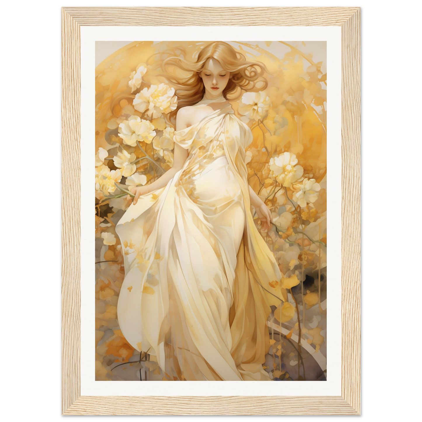 A painting of a woman in a white dress with flowers