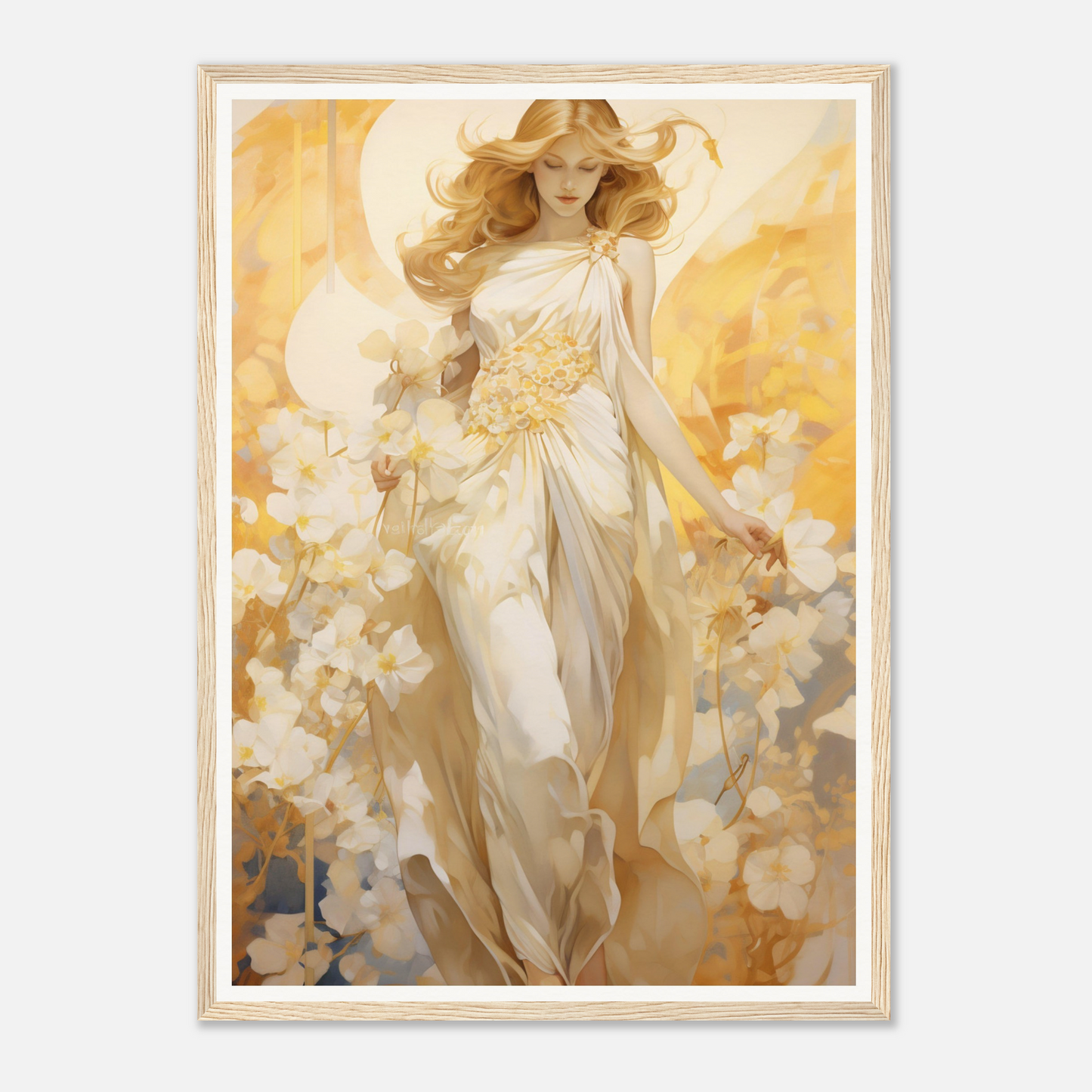 A painting of a woman in a white dress with flowers