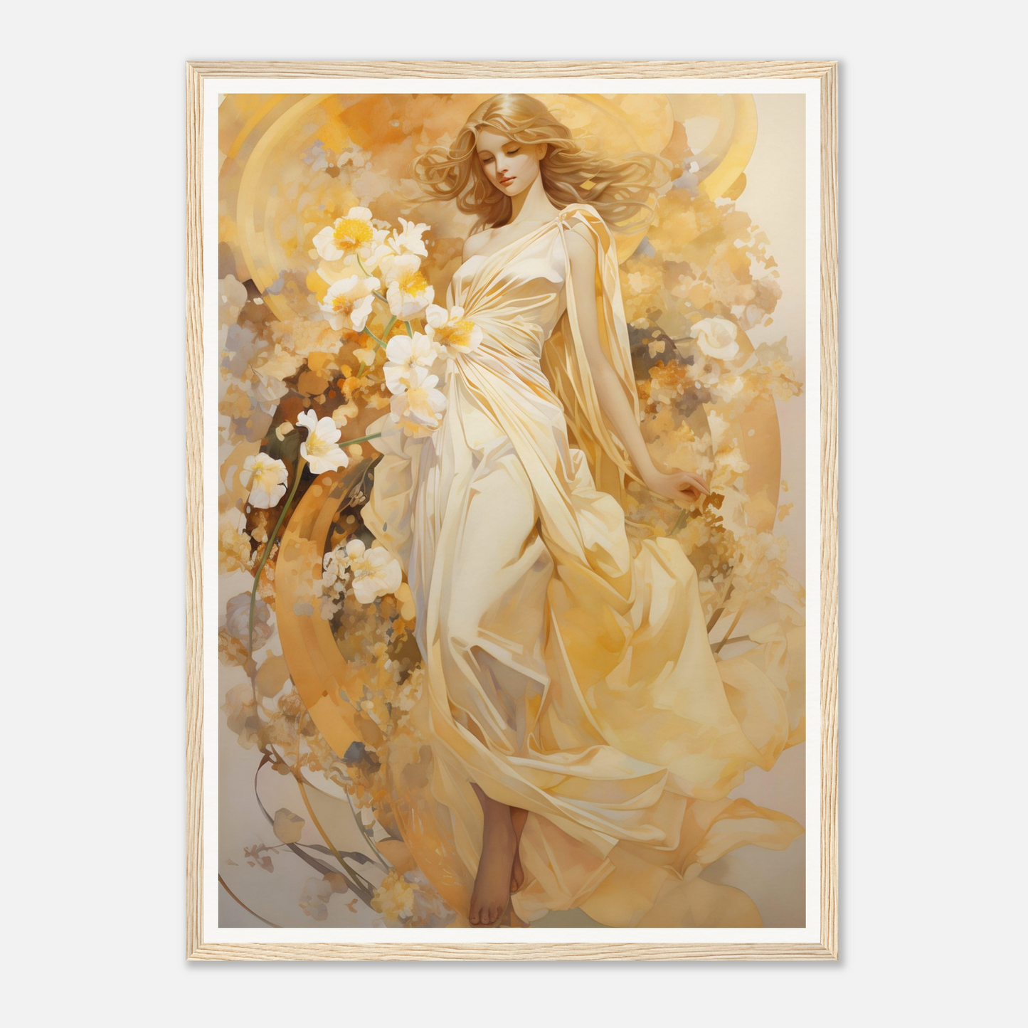 A painting of a woman in a white dress with flowers