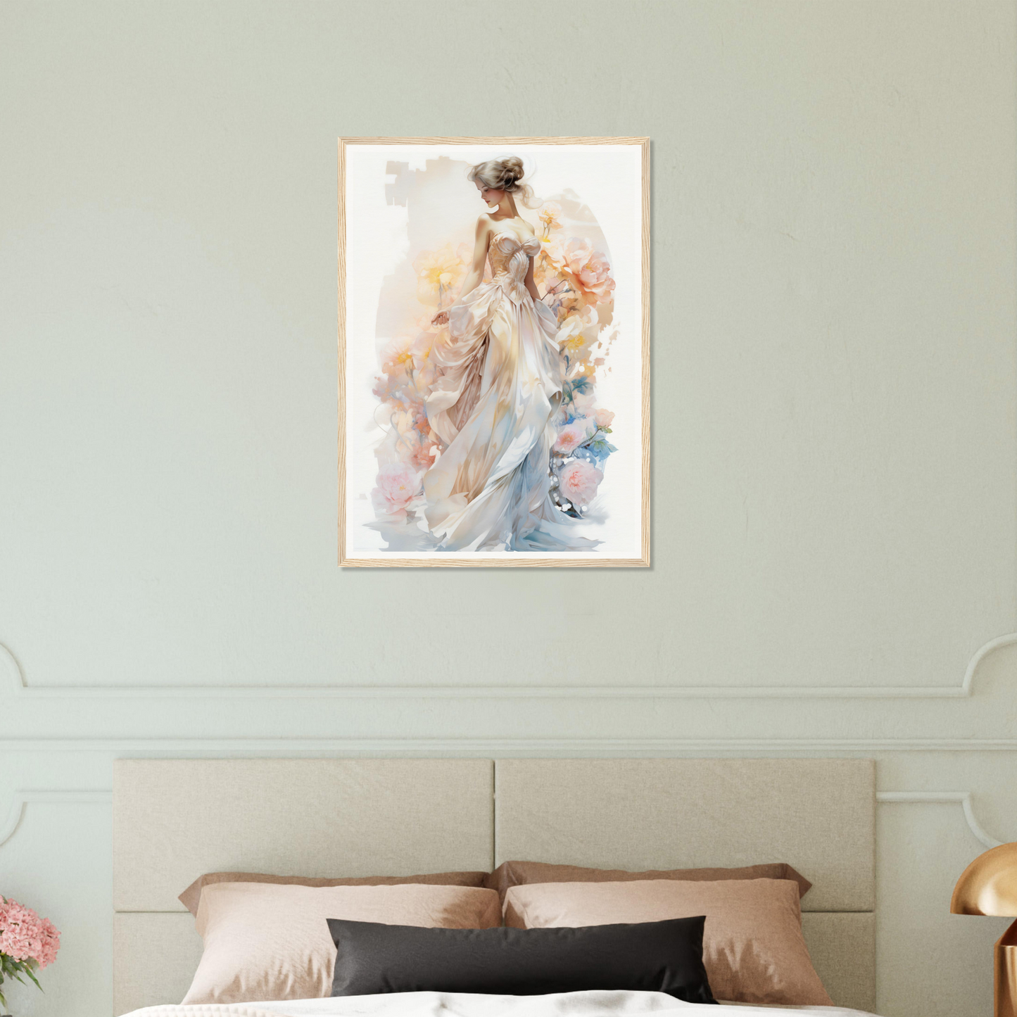 A painting of a woman in a white dress on a wall above a bed