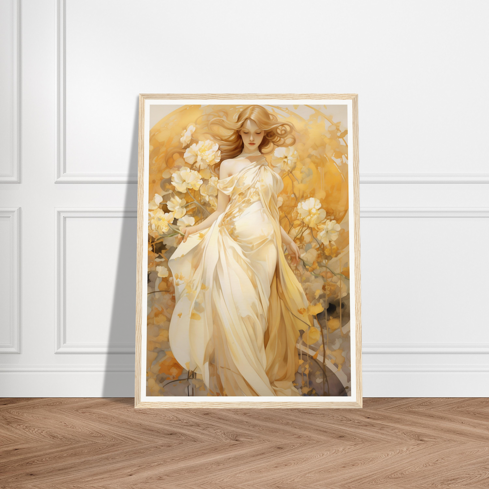 A painting of a woman in a white dress with flowers