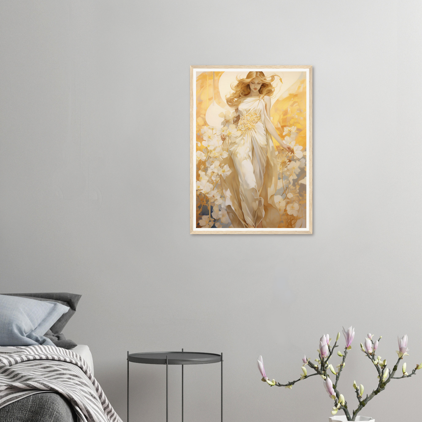 A painting of a woman in a white dress with flowers