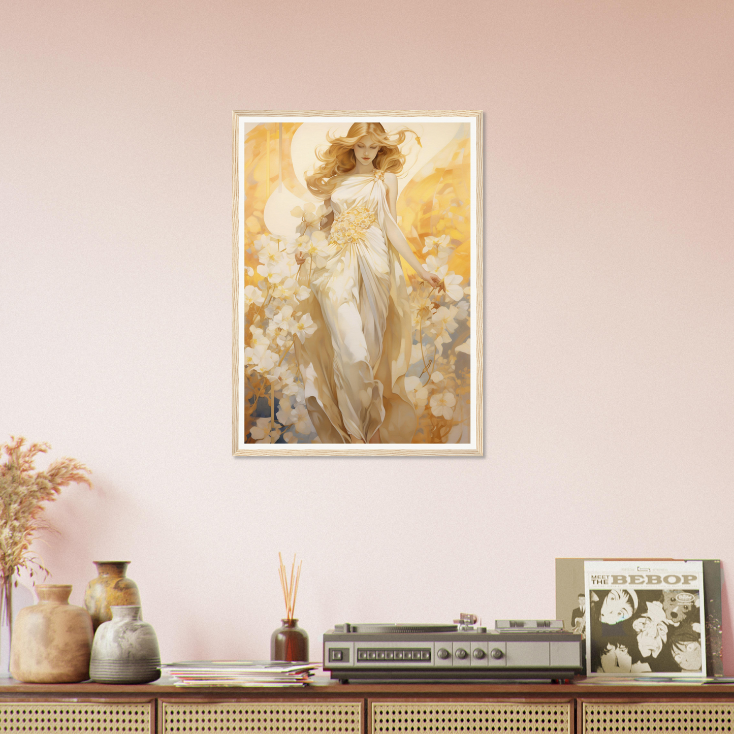 A painting of a woman in a white dress and hat