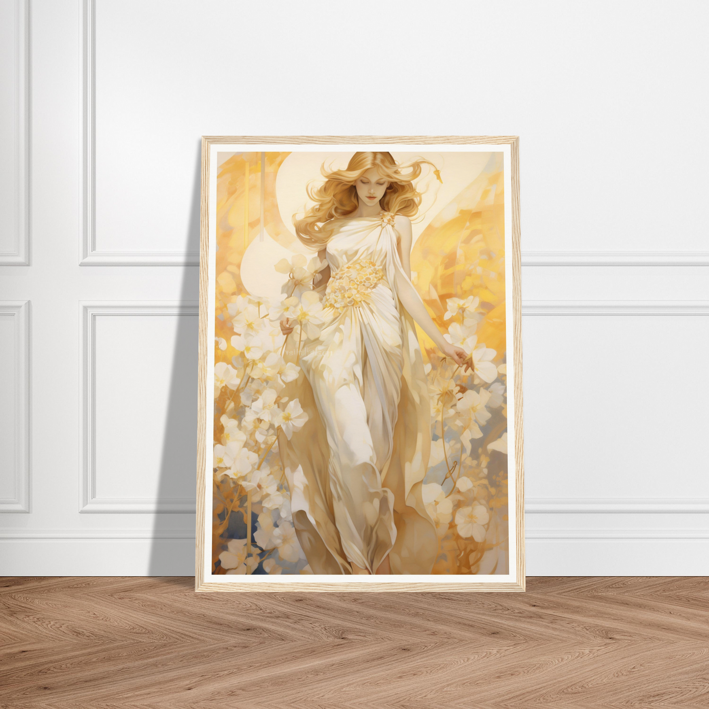 A painting of a woman in a white dress with flowers