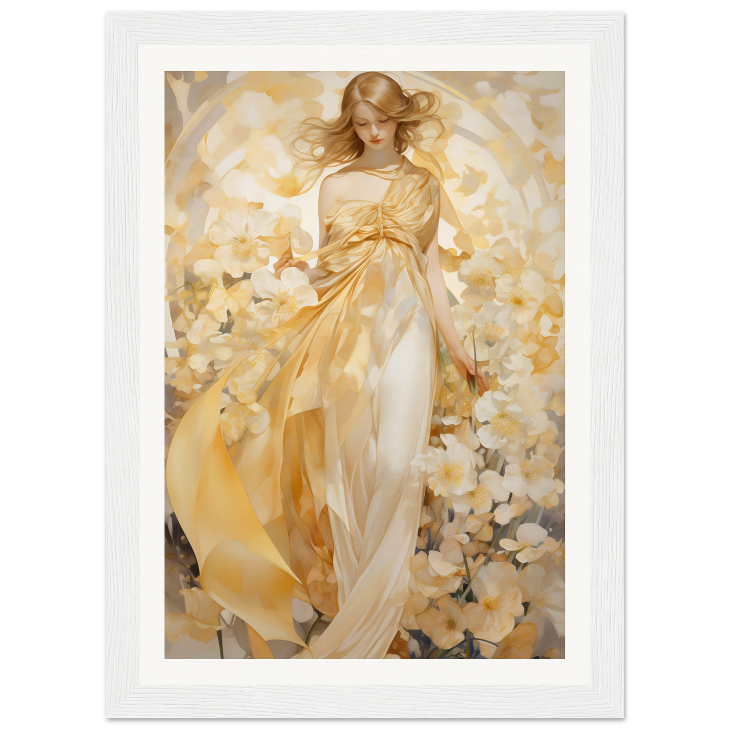A painting of a woman in a yellow dress and hat