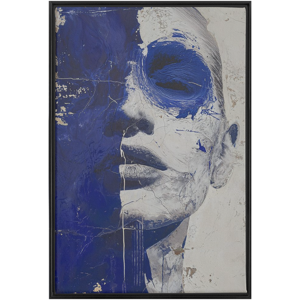A painting of a woman’s face with blue paint