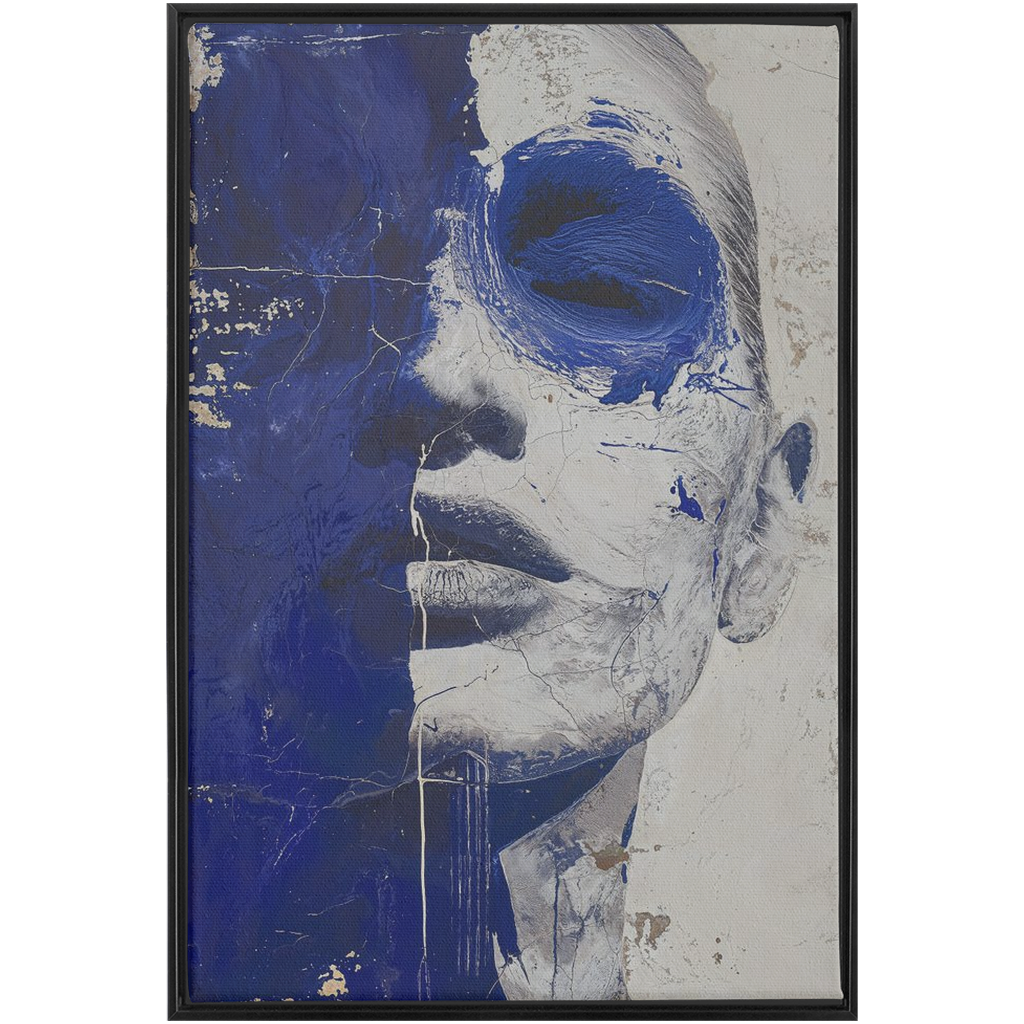 A painting of a woman’s face with blue paint