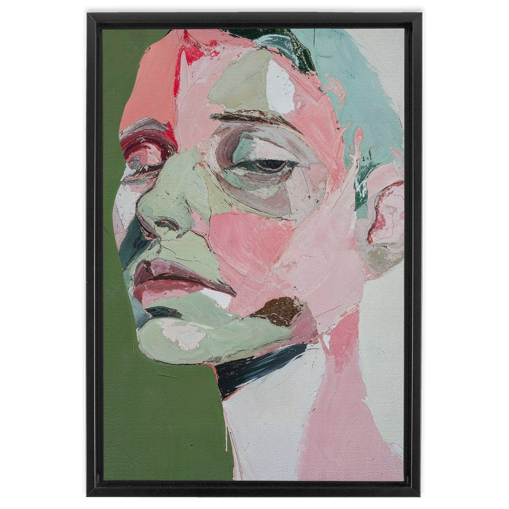 A painting of a woman’s face with green and pink tones