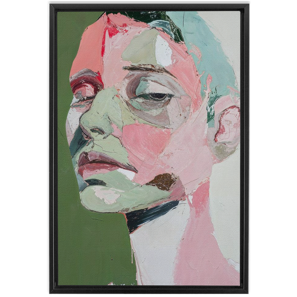A painting of a woman’s face with green and pink tones