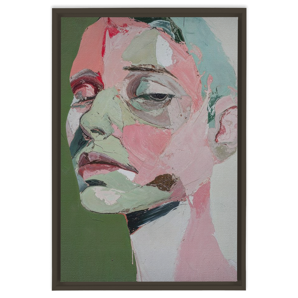 A painting of a woman’s face with green and pink tones