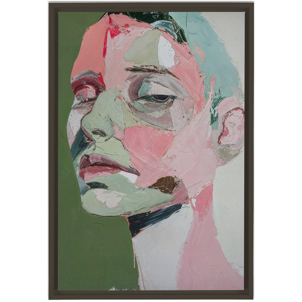 A painting of a woman’s face with green background