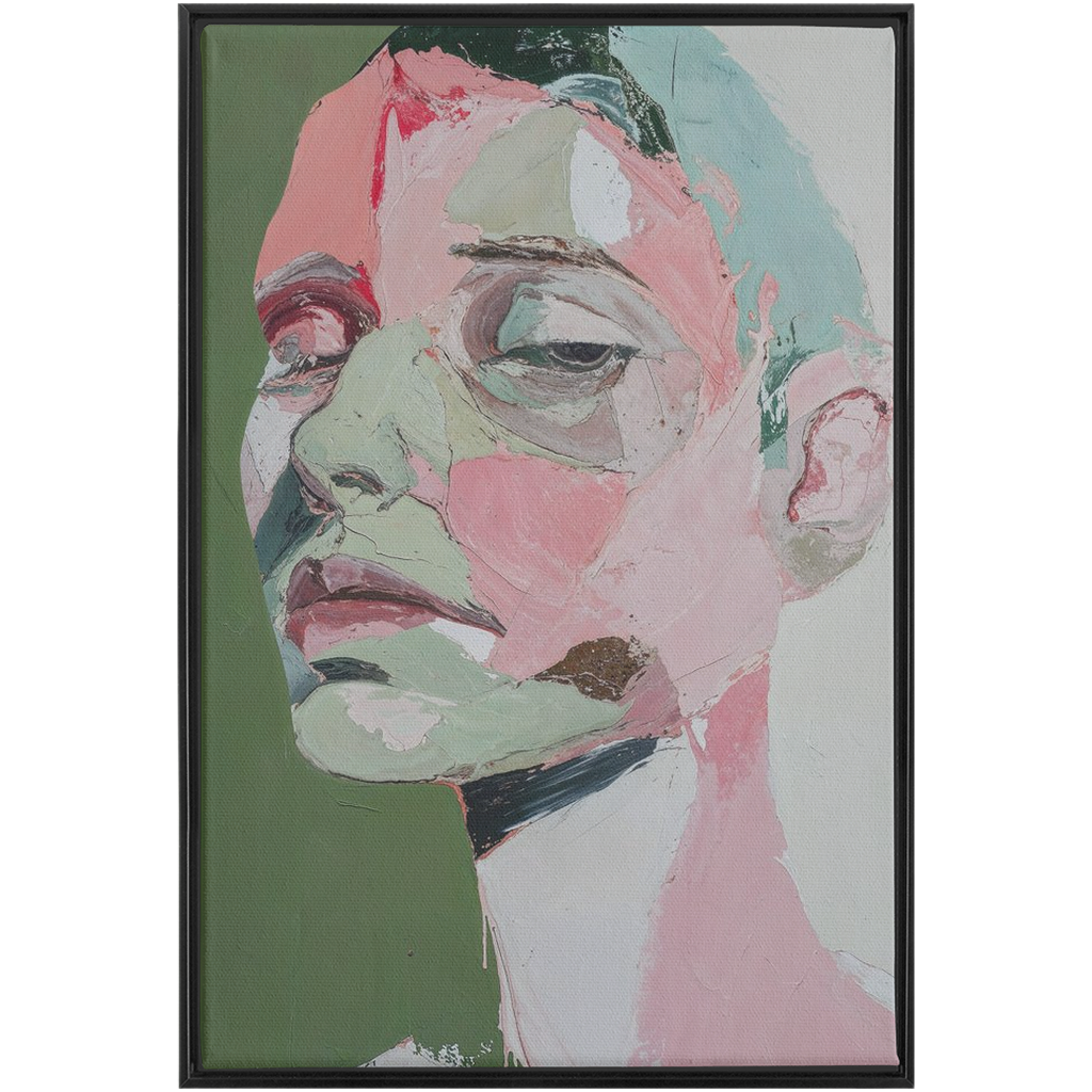 A painting of a woman’s face with green and pink
