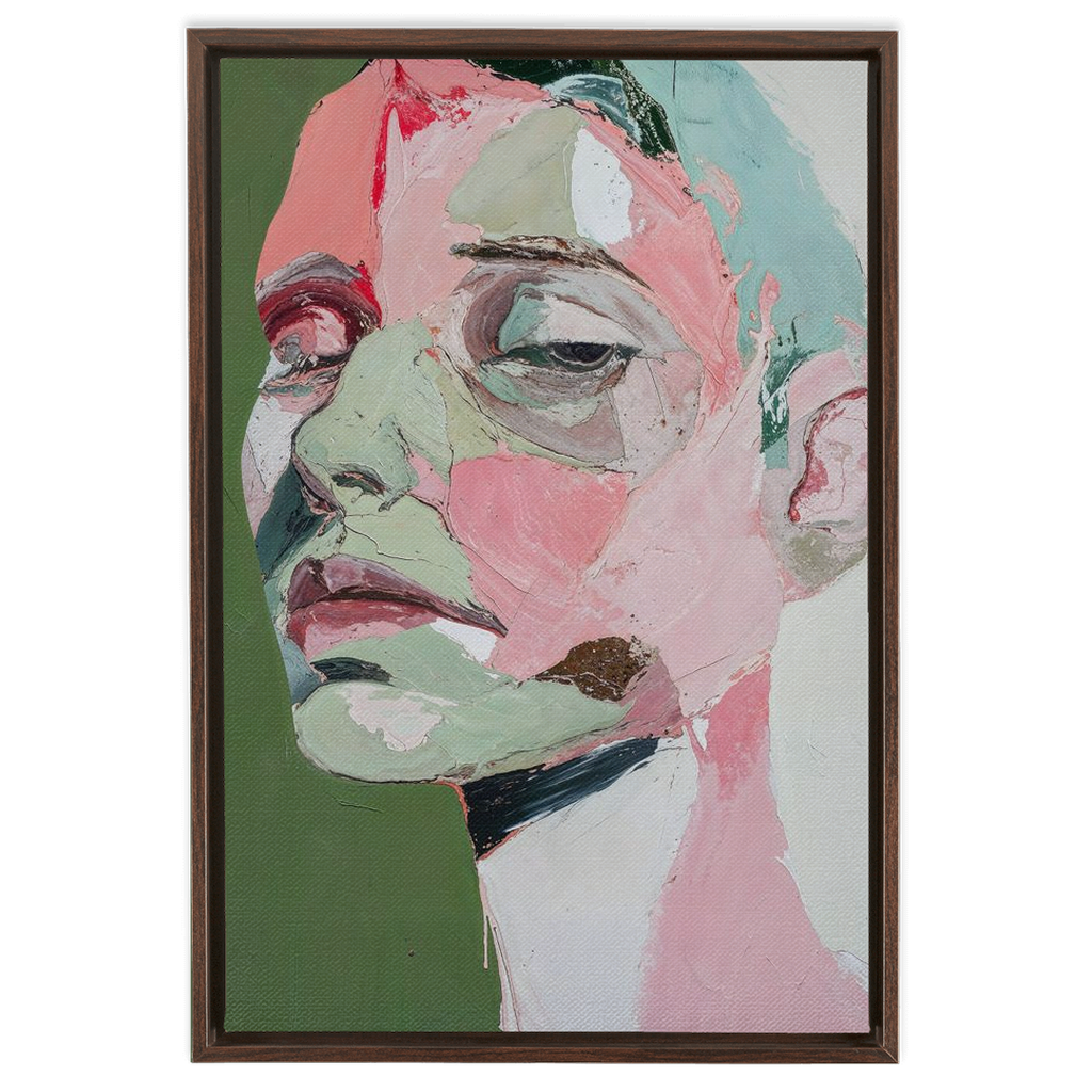 A painting of a woman’s face with green and pink tones