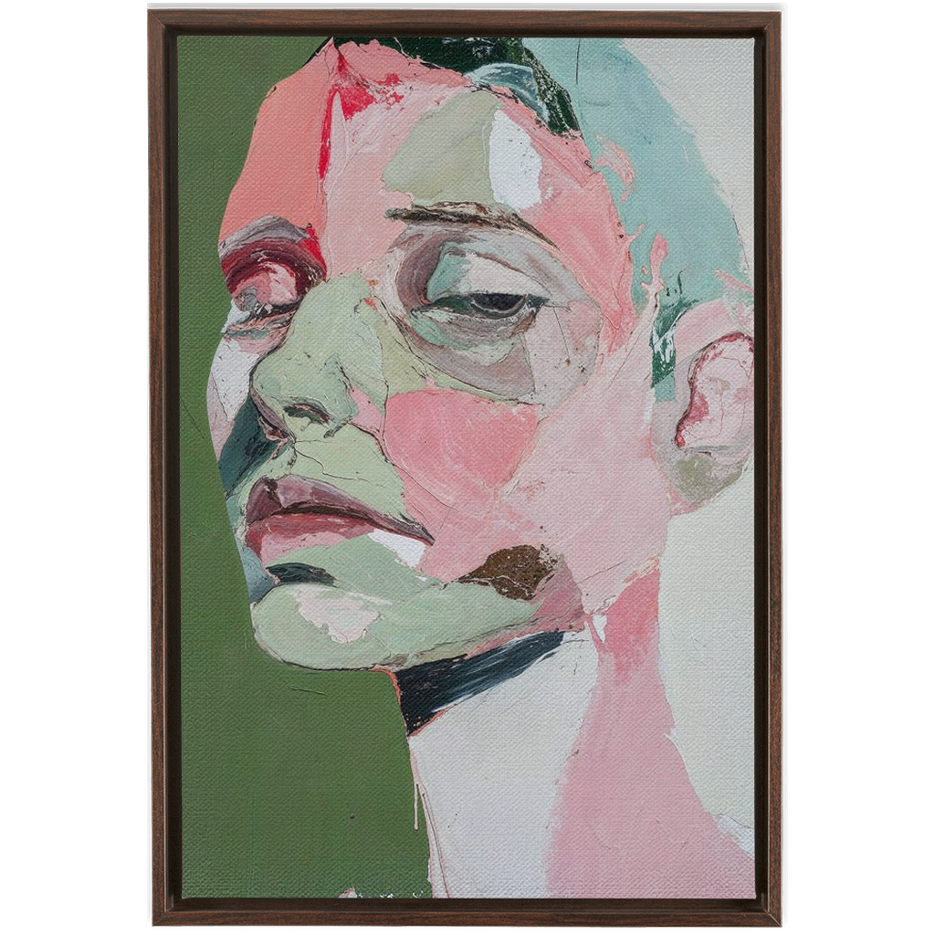 A painting of a woman’s face with green and pink tones