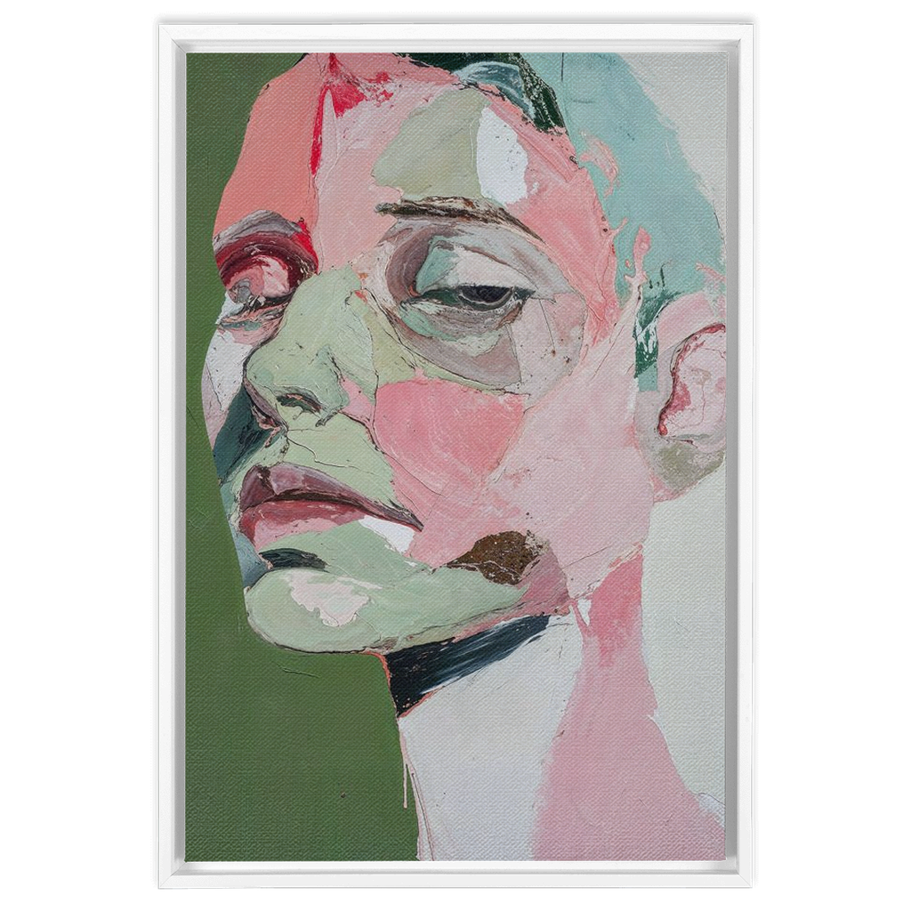 A painting of a woman’s face with green and pink tones