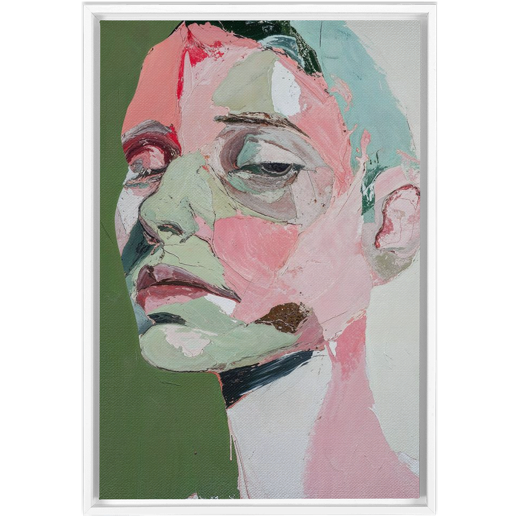 A painting of a woman’s face with green and pink tones