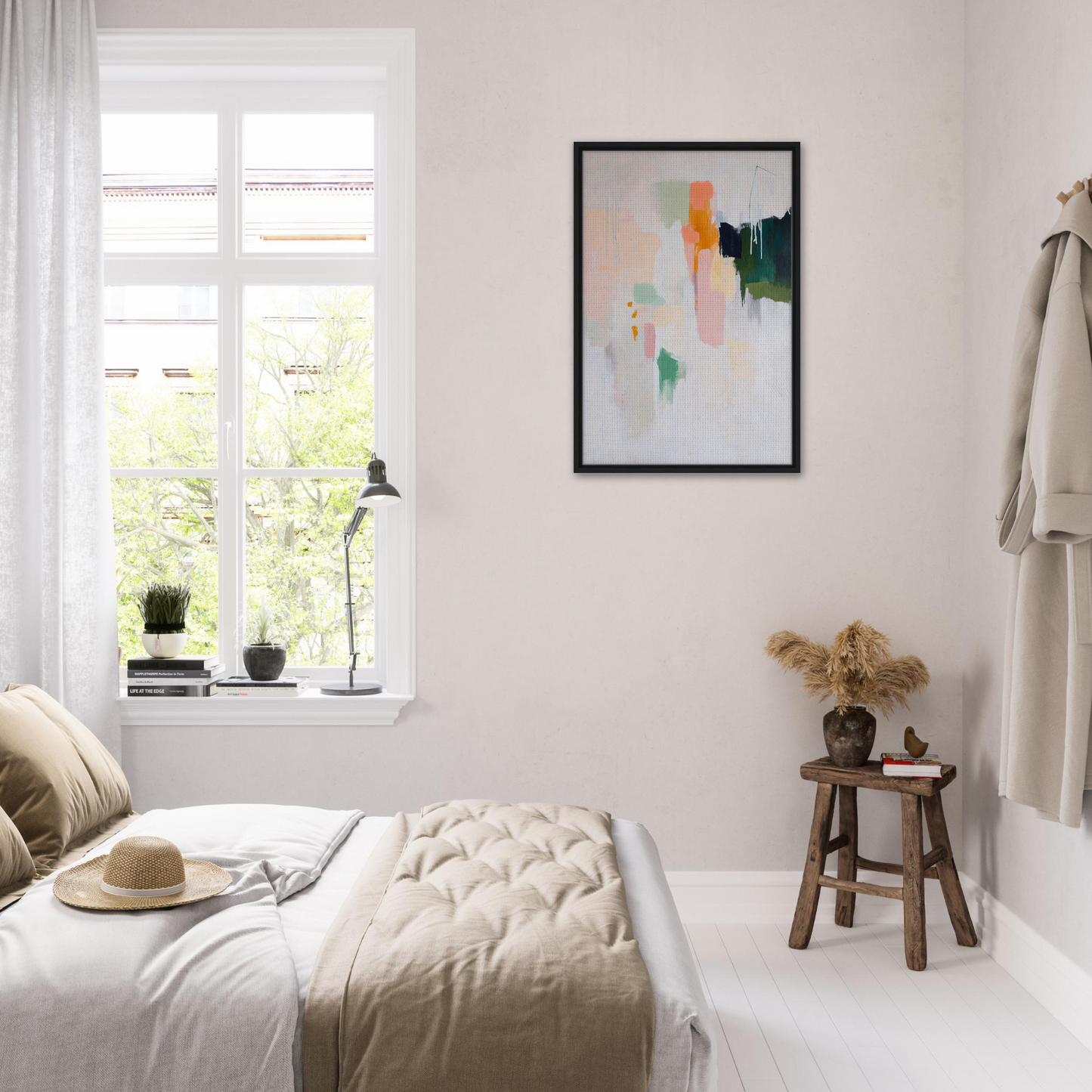 Bright, airy bedroom featuring minimalist decor and a Pastel Mind Symphony framed canvas print