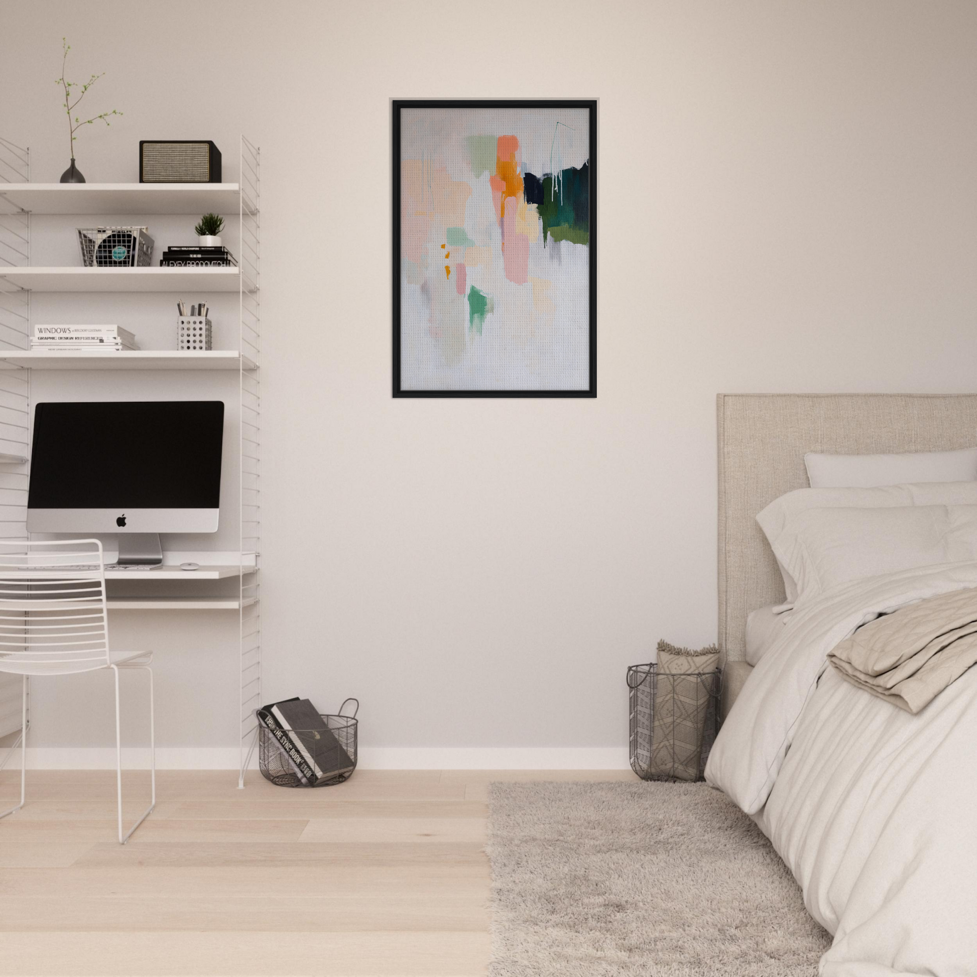 Minimalist bedroom featuring Pastel Mind Symphony, white walls, and abstract artwork