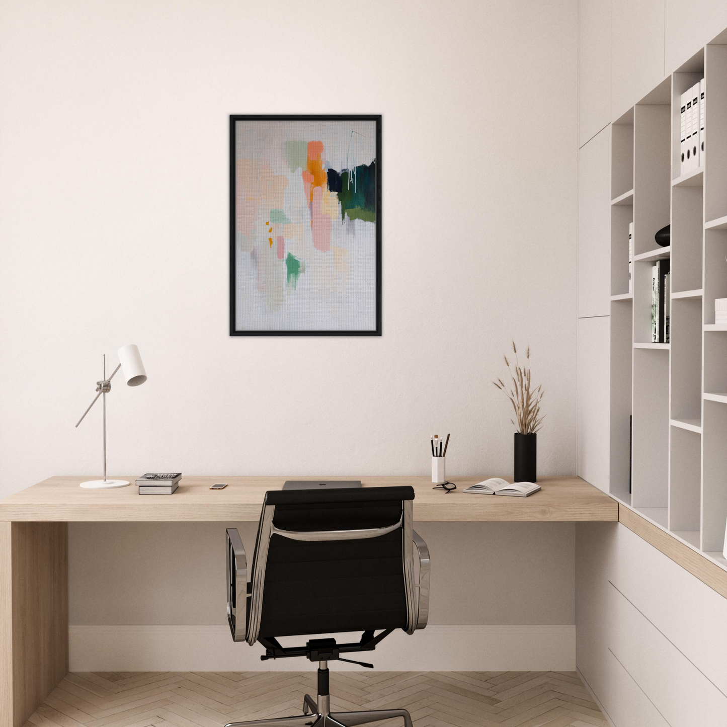 Minimalist home office featuring a wooden desk, chair, and Pastel Mind Symphony art