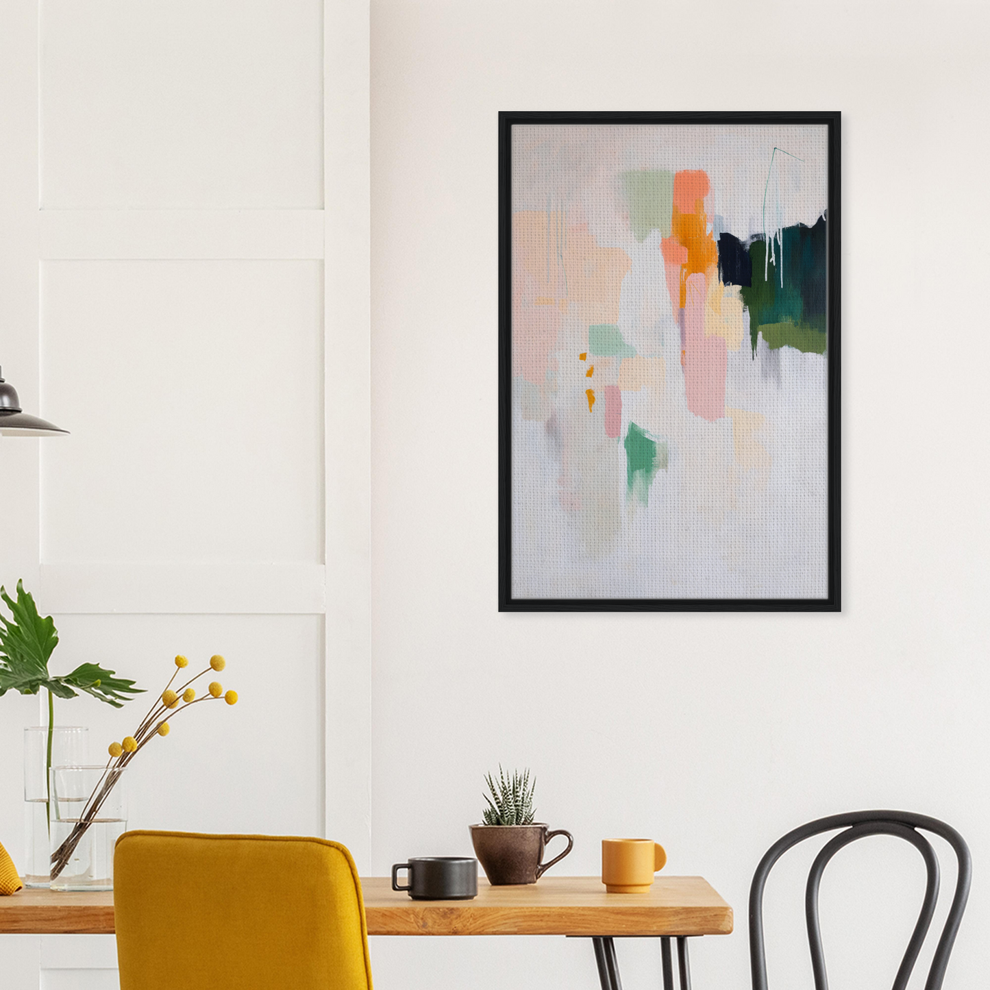 Abstract painting with colorful brushstrokes in black frame for Pastel Mind Symphony room decor