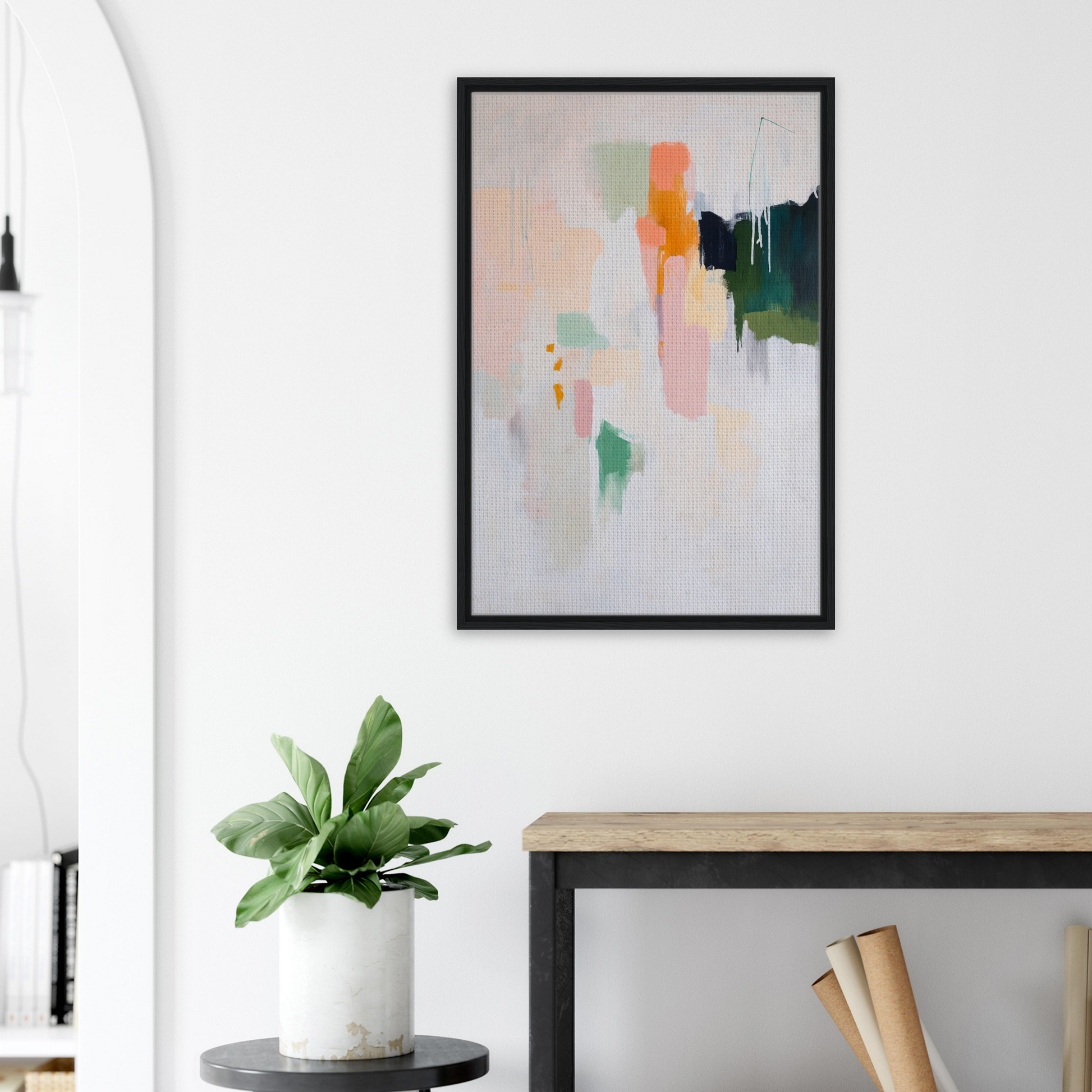 Abstract painting titled Pastel Mind Symphony featuring soft colors and bold strokes in frame