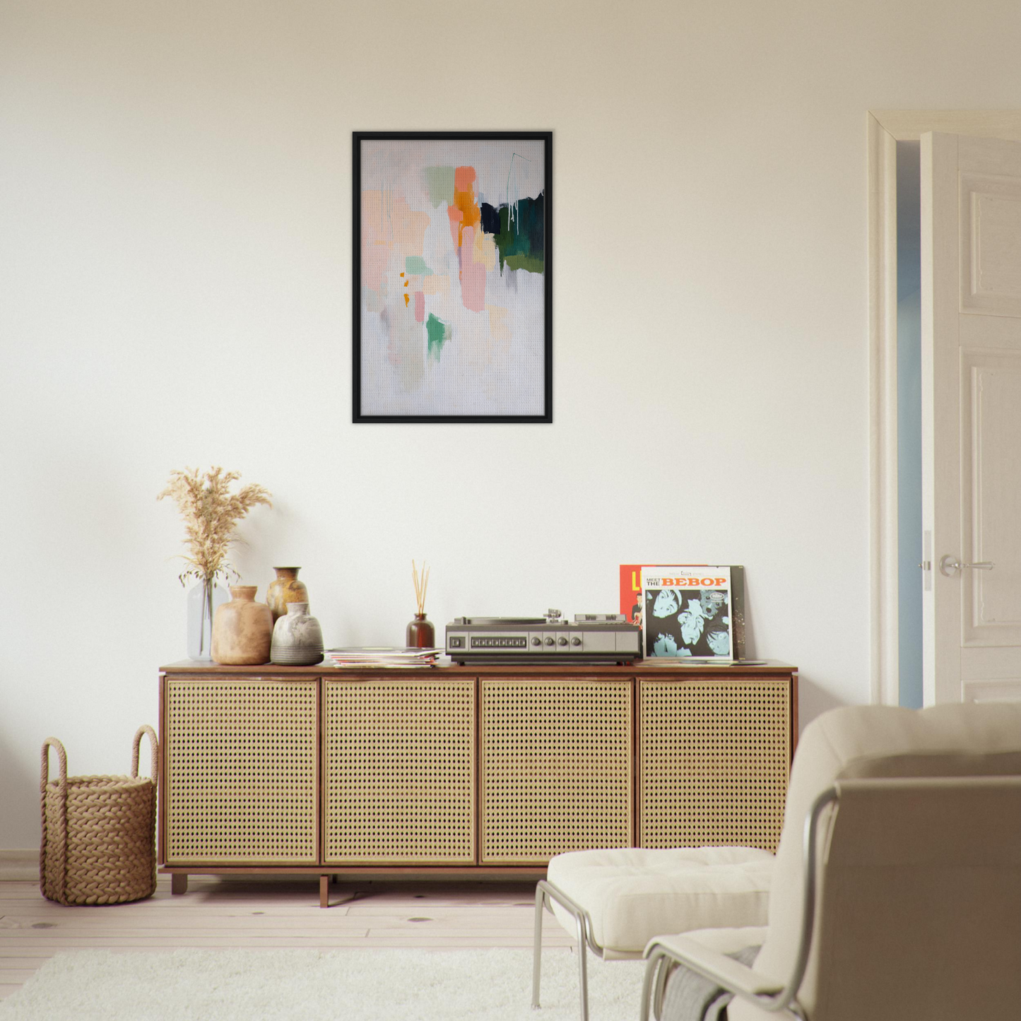 Wooden sideboard with cane-webbed doors and decorative items from Pastel Mind Symphony