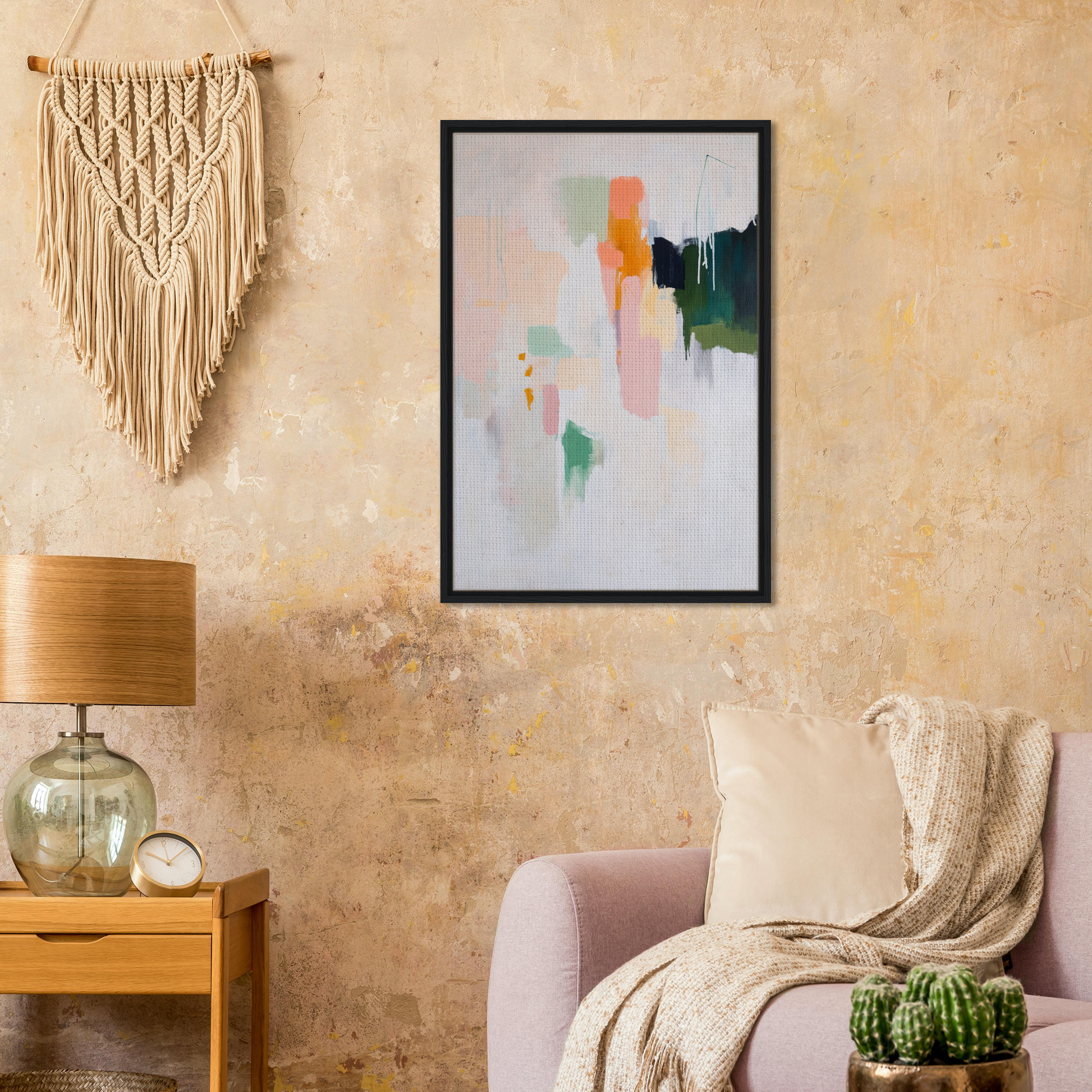 Framed abstract painting in pastel colors, ideal for enhancing any room decor with Pastel Mind Symphony