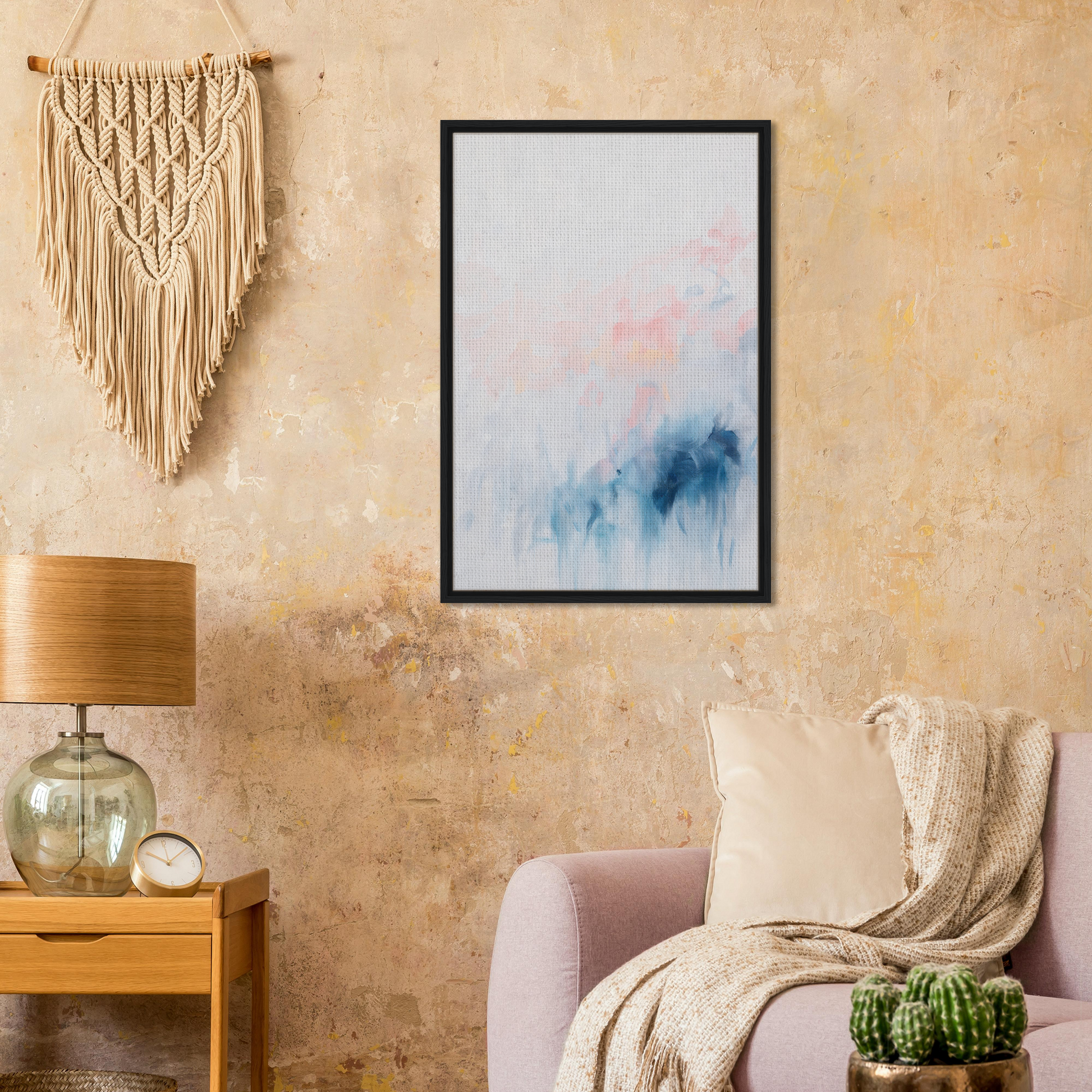 Framed abstract watercolor painting in soft blue and pink tones, Pastel Reverie