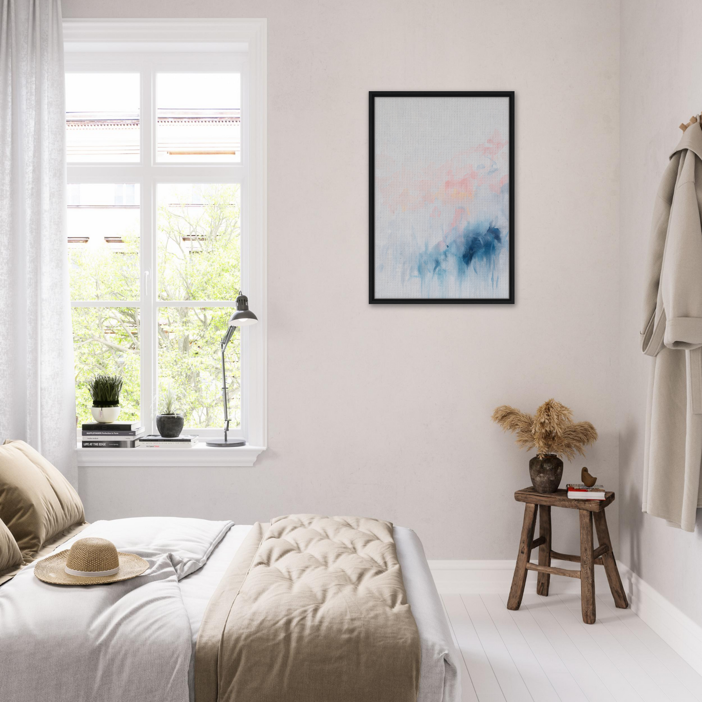 Bright, airy bedroom with minimalist decor in soft colors featuring Pastel Reverie