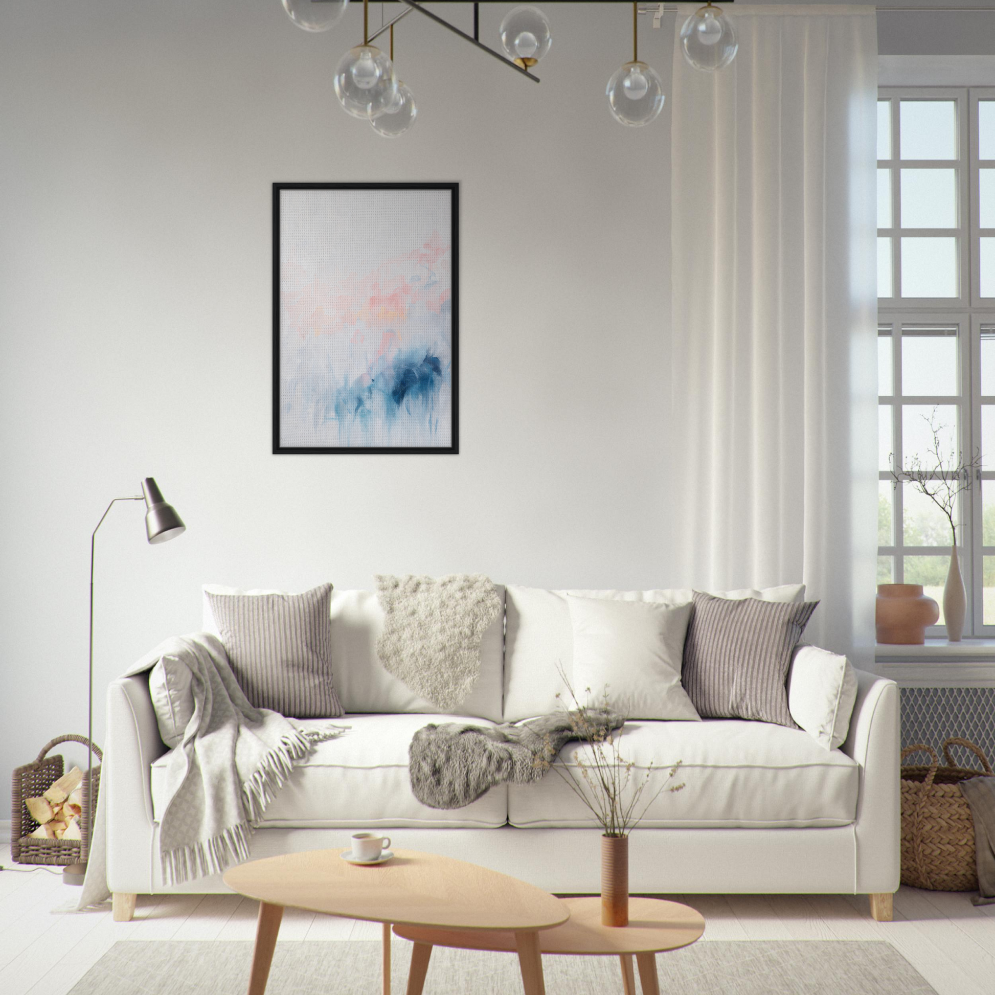 White sofa adorned with throw pillows and blankets in Pastel Reverie collection