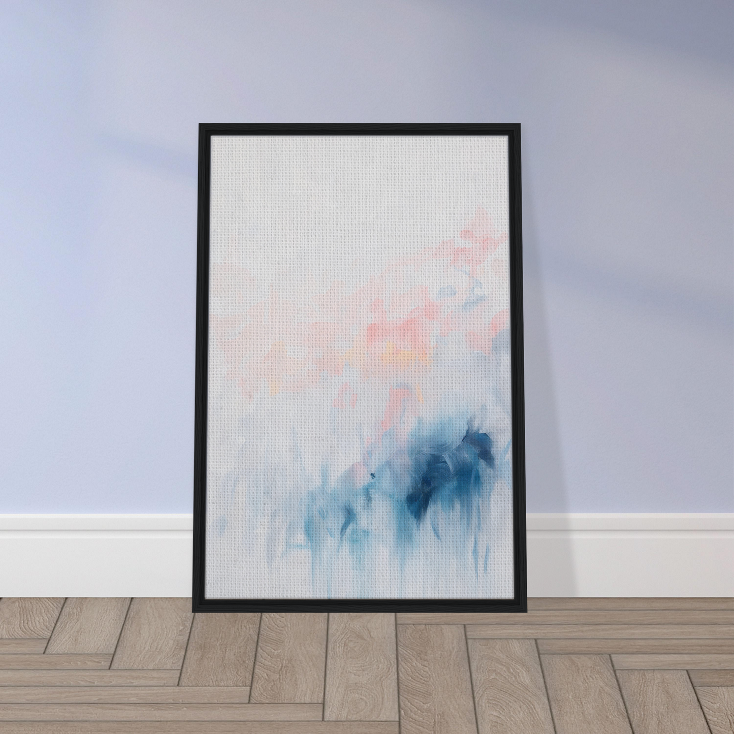 Framed abstract watercolor painting in soft blue and pink hues for Pastel Reverie room decor