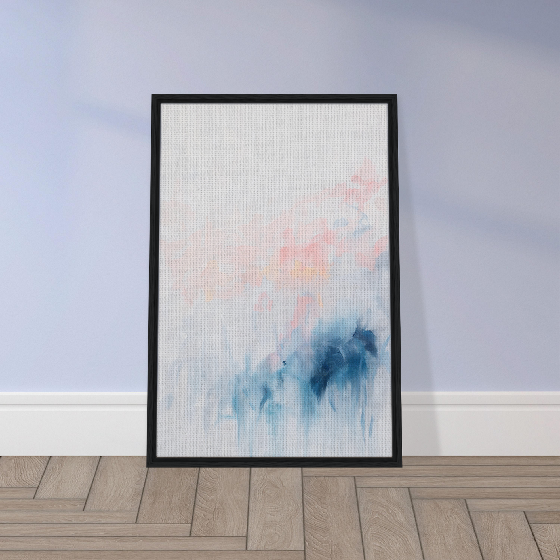 Framed abstract watercolor painting in soft blue and pink hues for Pastel Reverie room decor