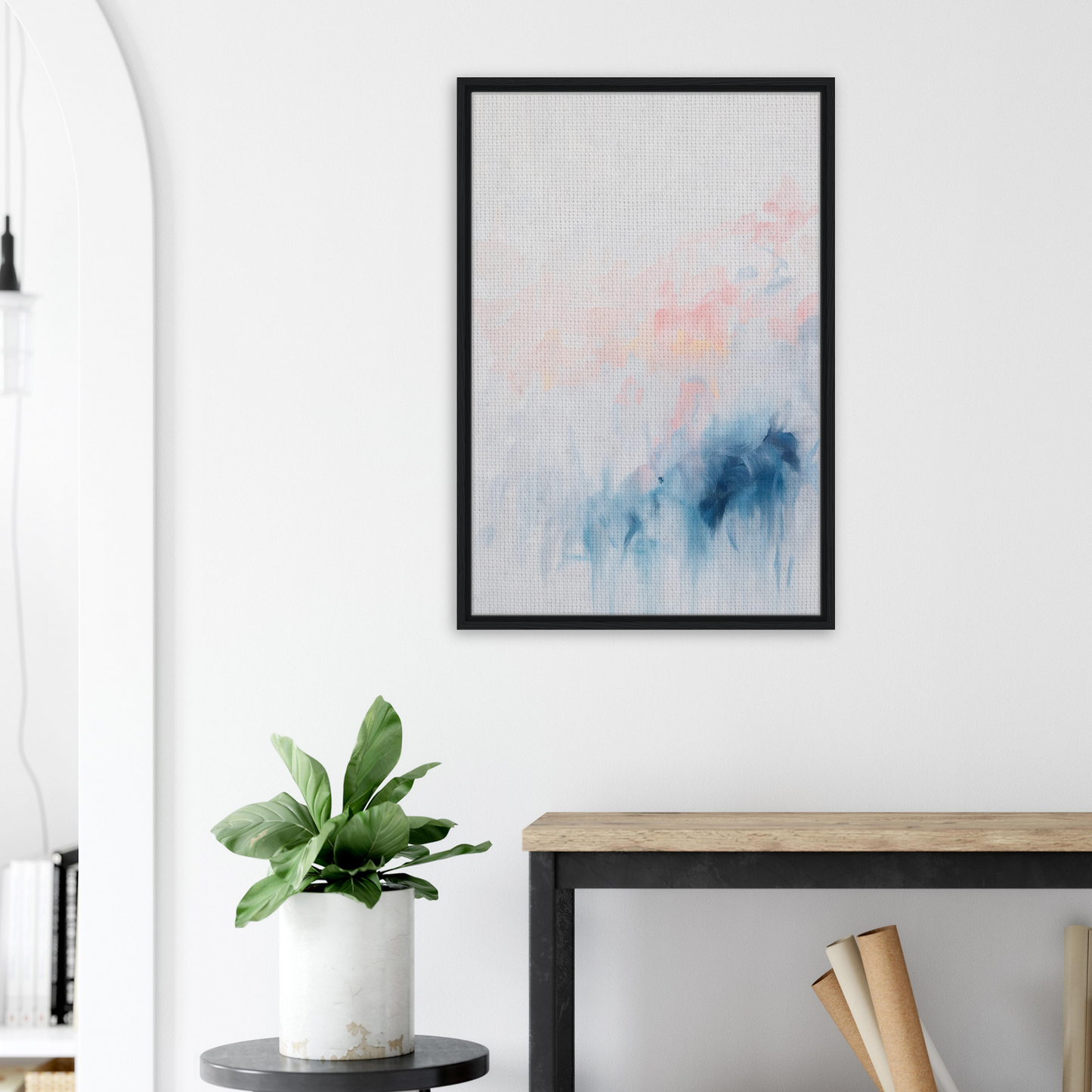 Framed abstract watercolor painting in blue and pink hues from Pastel Reverie collection