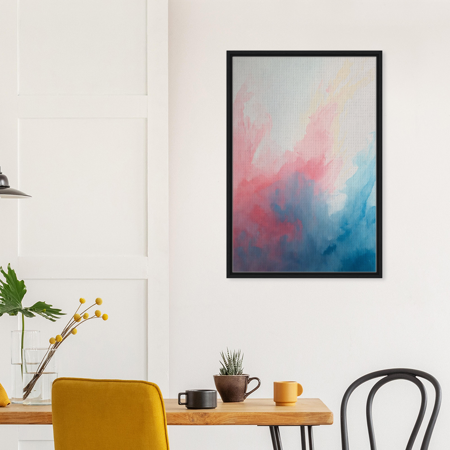 Abstract painting titled Pastel Whirl Dance in swirling pink and blue colors for room decor
