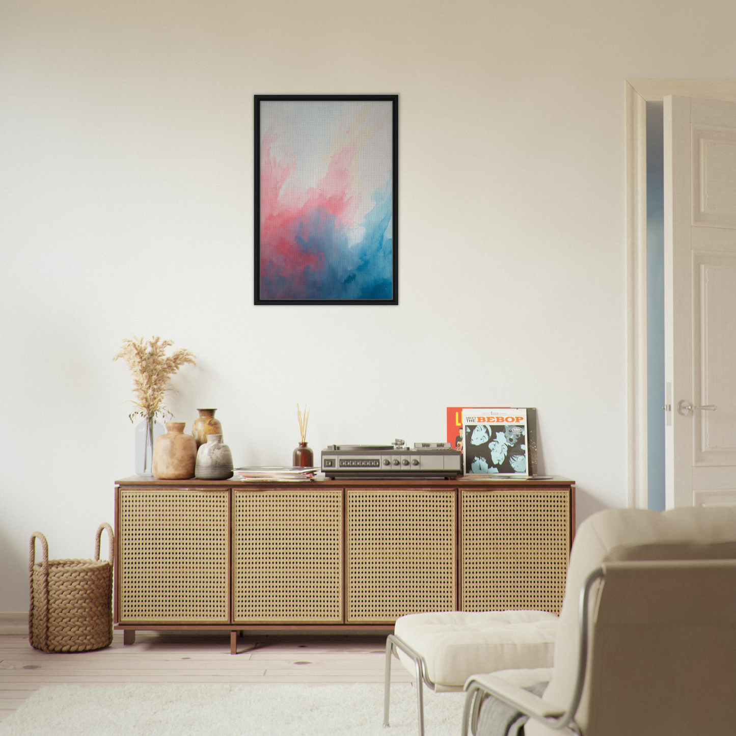 Wooden sideboard with cane-webbed doors and decorative items for Pastel Whirl Dance room decor