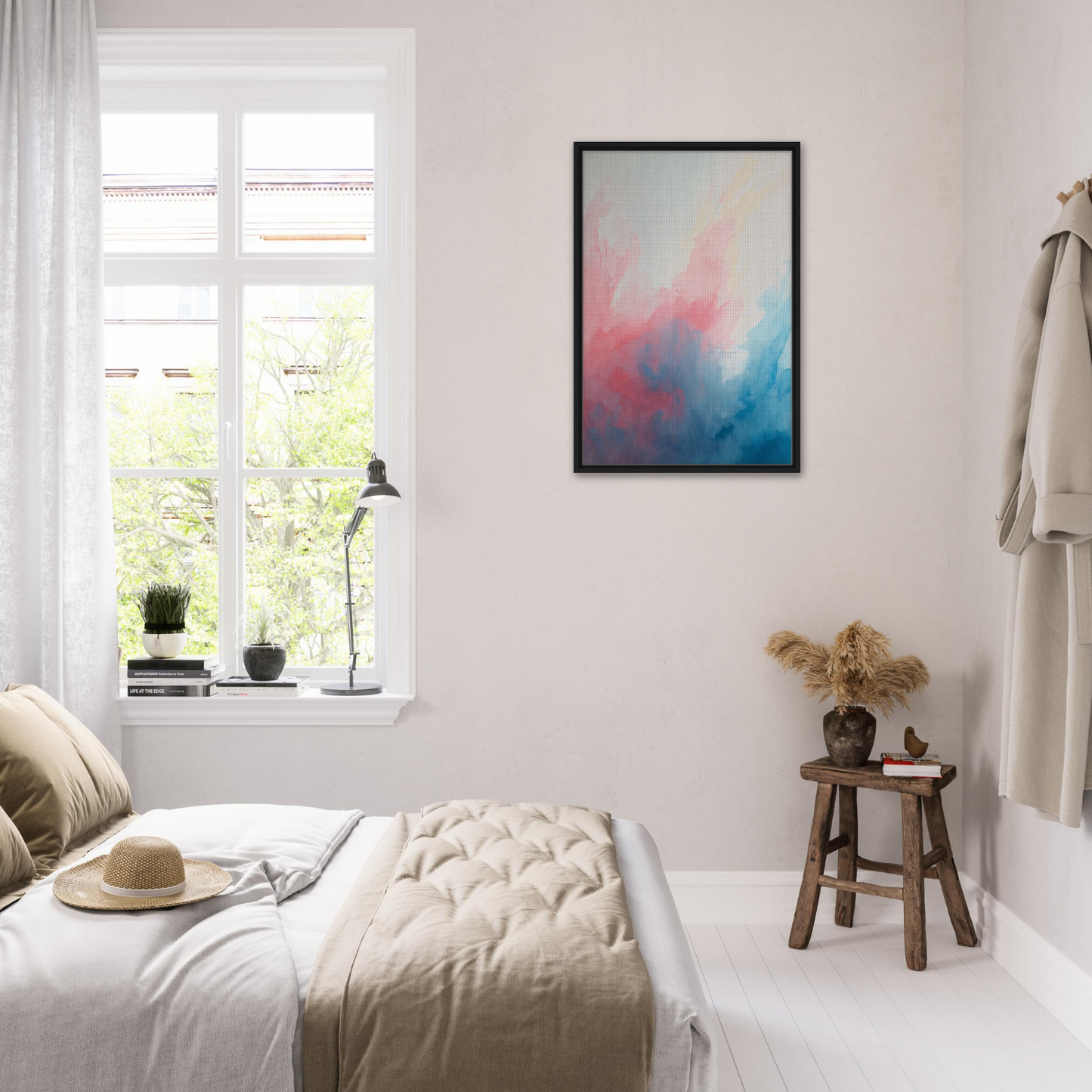 Bright, airy bedroom with white decor featuring Pastel Whirl Dance wall art