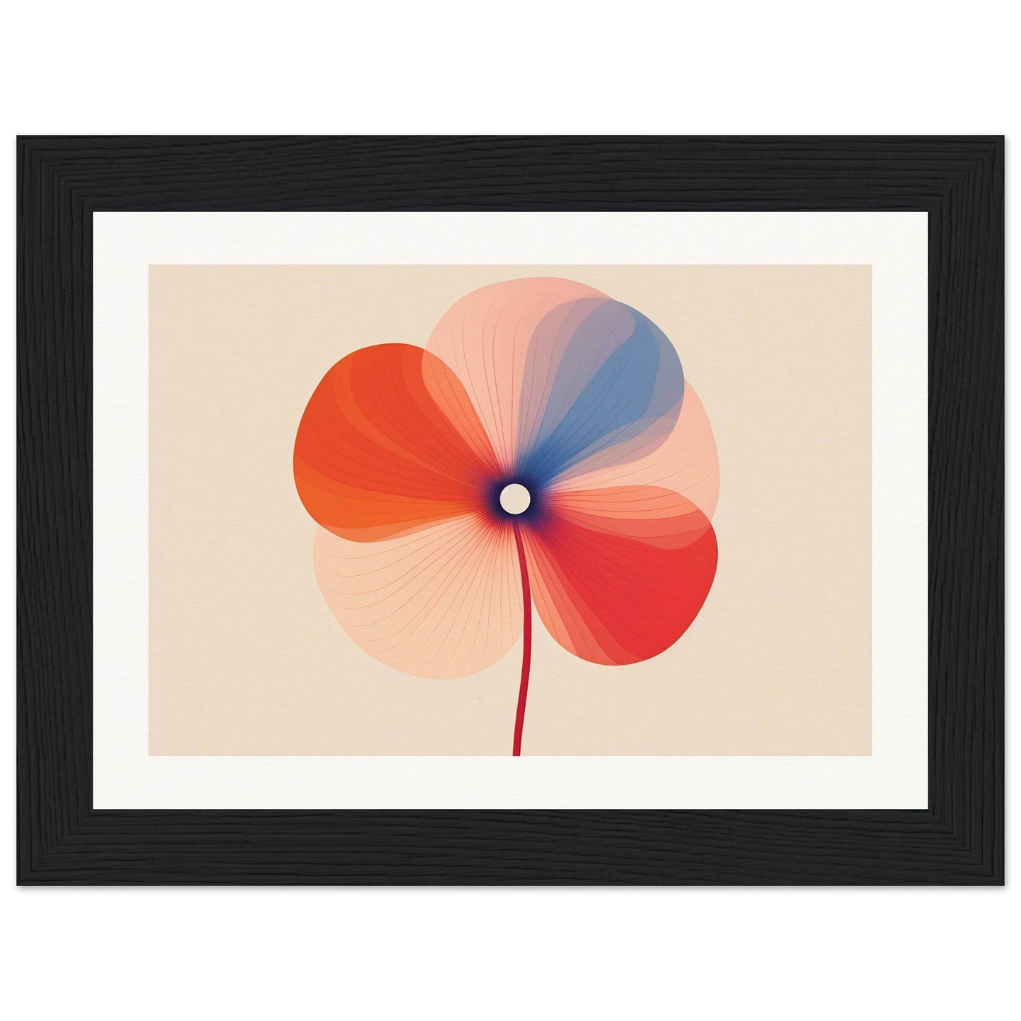 Stylized flower with overlapping red, blue, and pink petals radiating from a central point.