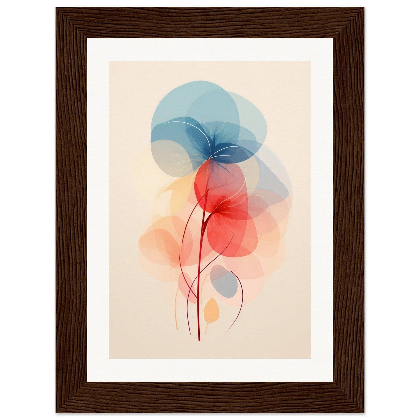 Framed abstract watercolor painting of translucent floral shapes in blue and red.