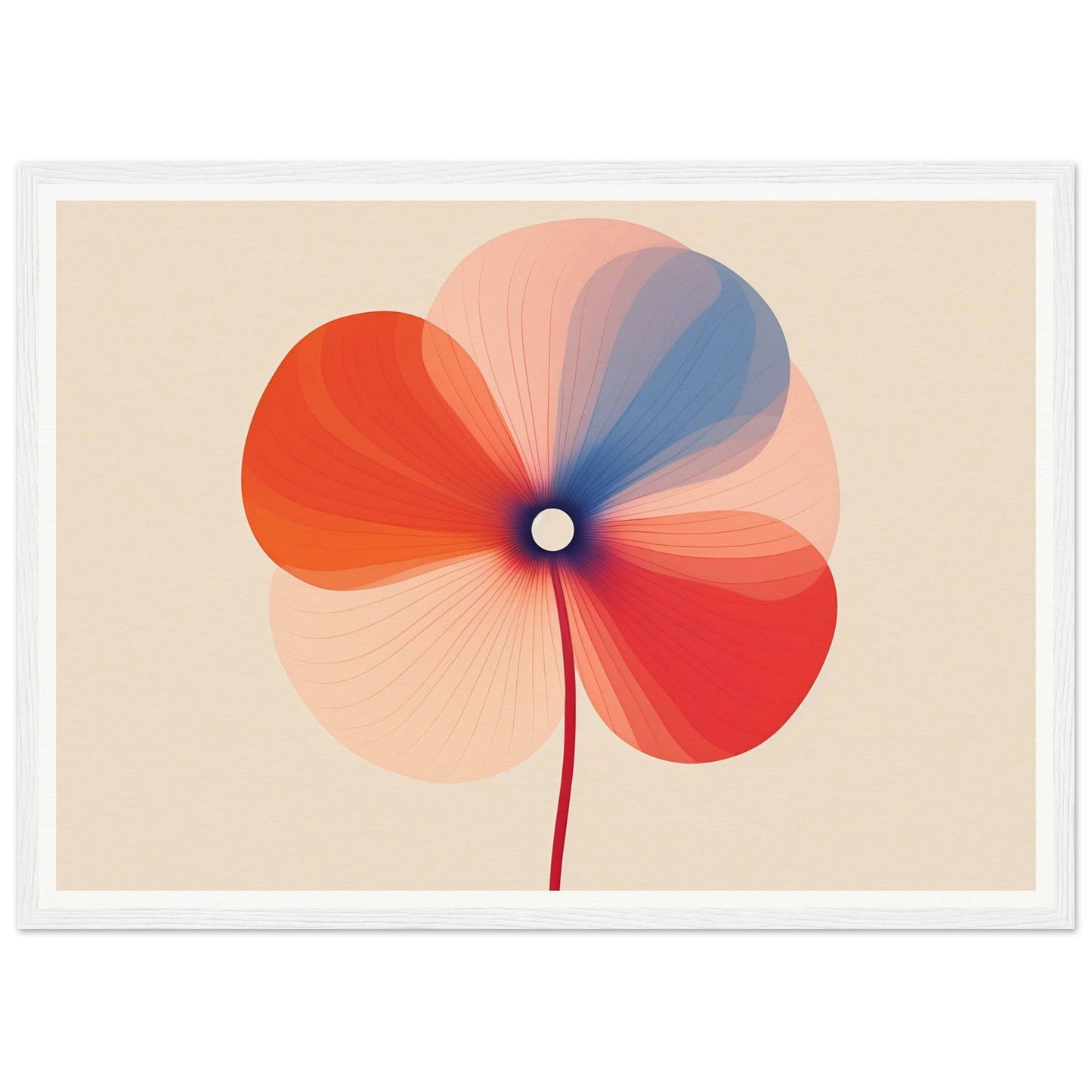 Stylized flower with overlapping red, orange, and blue petals radiating from a central point.