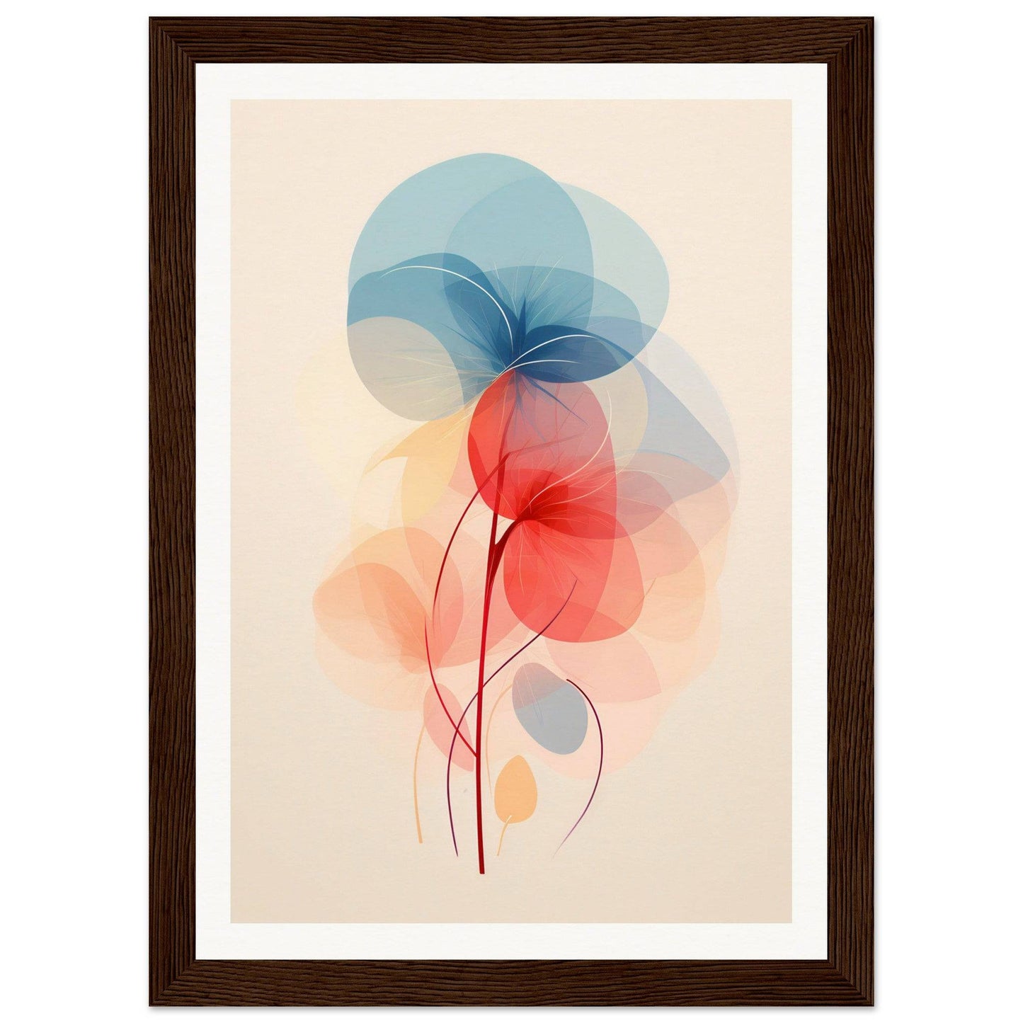 Abstract watercolor-style painting of overlapping translucent floral shapes in blue and red hues.