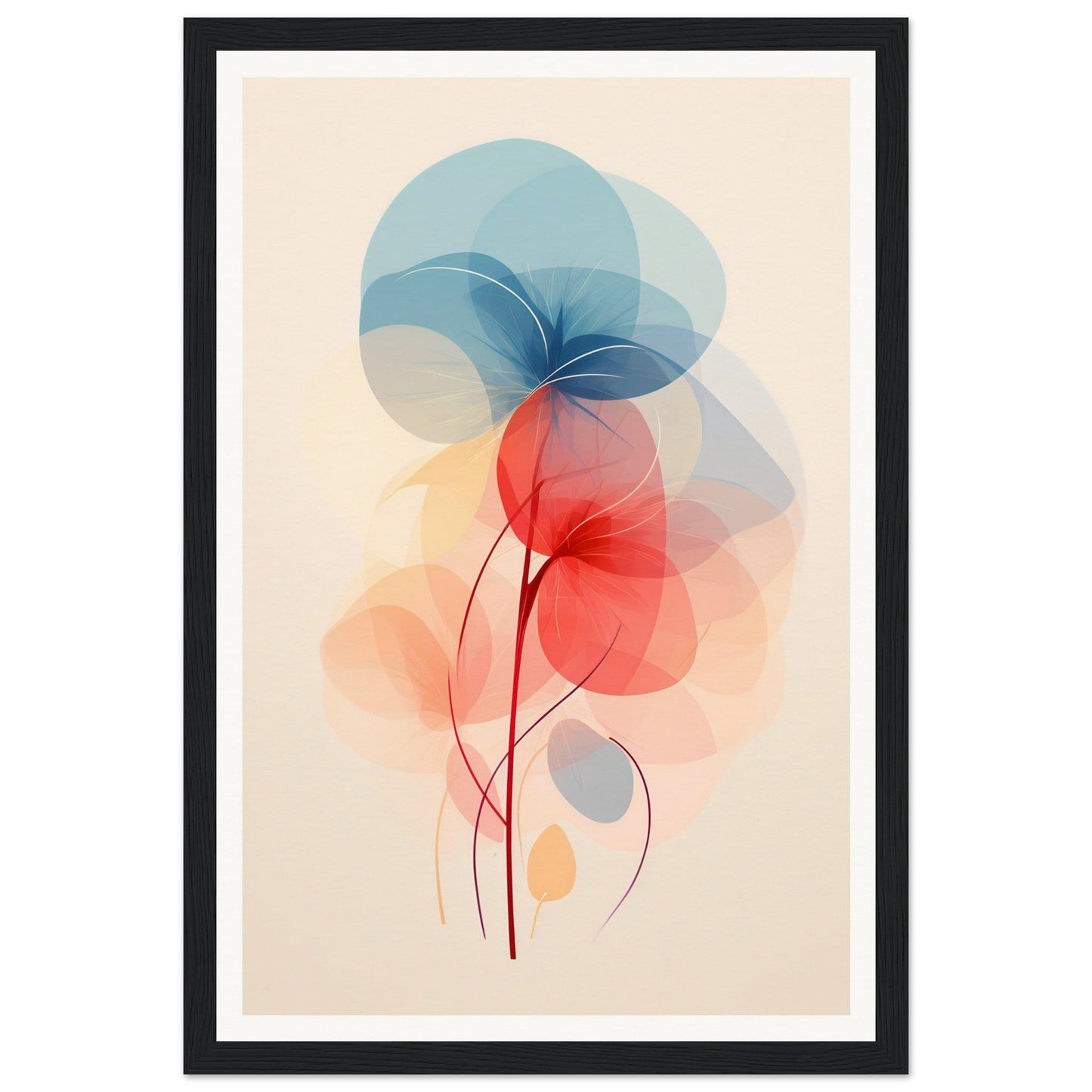 Abstract floral illustration featuring overlapping translucent shapes in blue and red tones with delicate stem-like lines.
