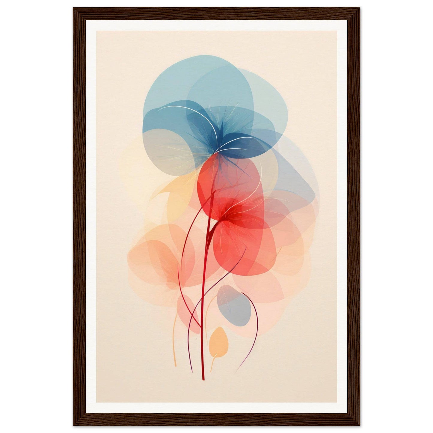 Abstract watercolor-style illustration of overlapping translucent floral shapes in blue and red hues.