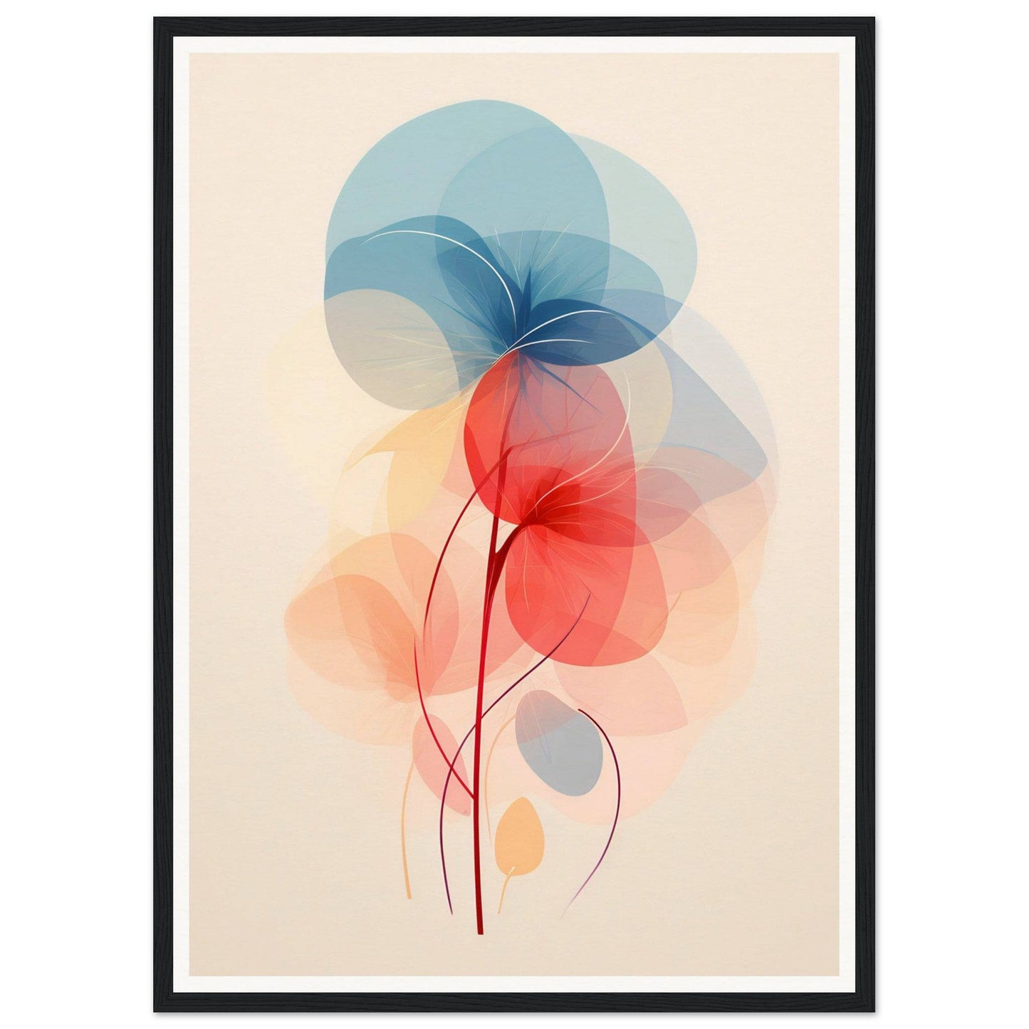 Abstract floral design composed of overlapping translucent shapes in blue, red, and peach tones.