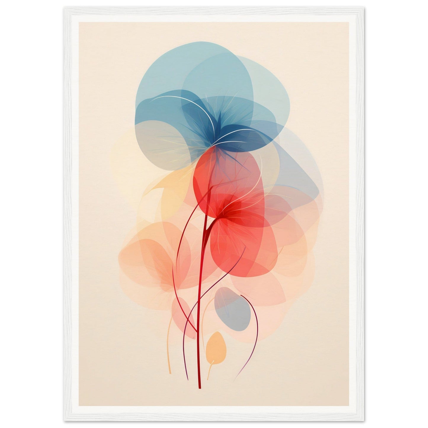 Abstract floral design with overlapping translucent shapes in blue, red, and peach tones.