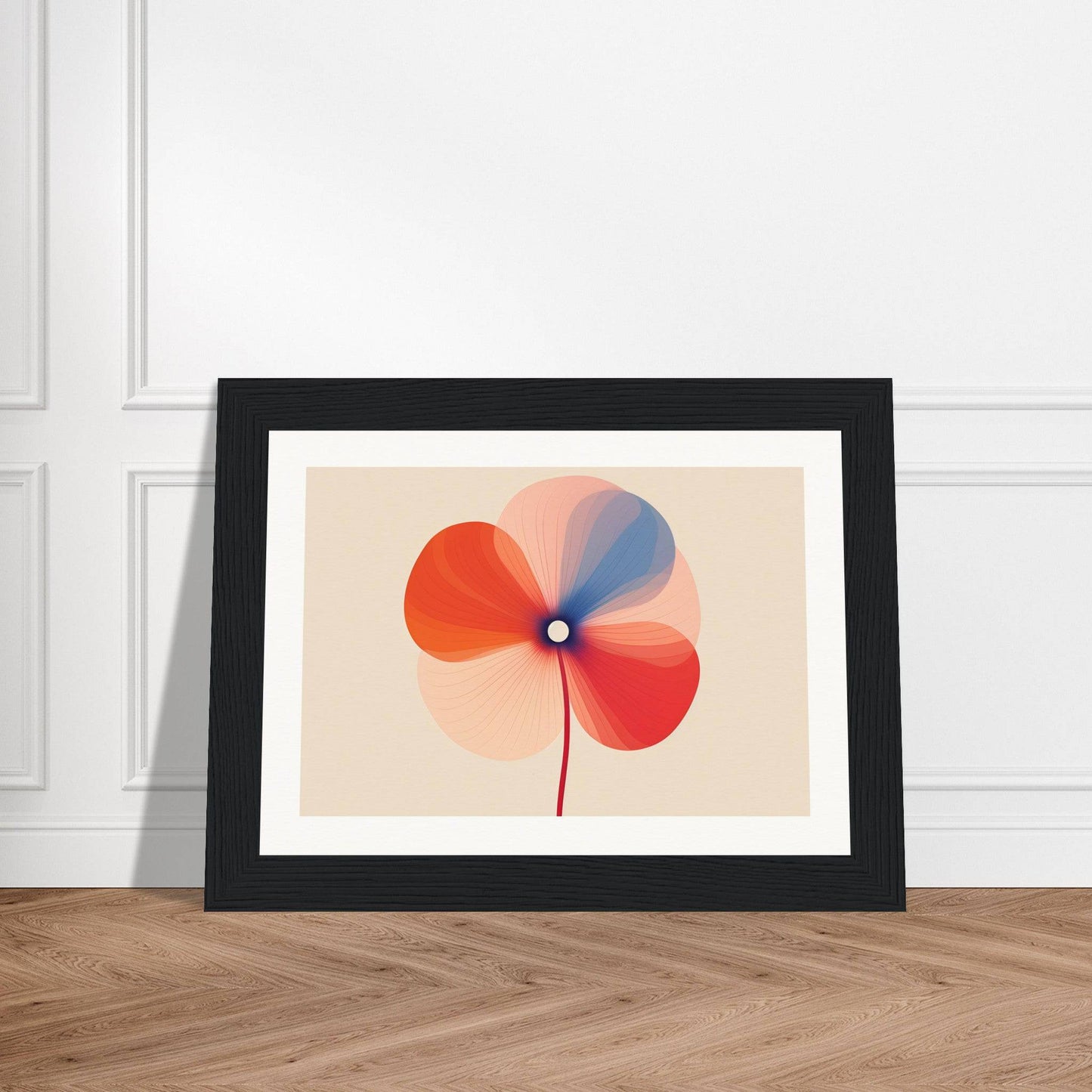 Stylized flower with multicolored petals in a black frame.