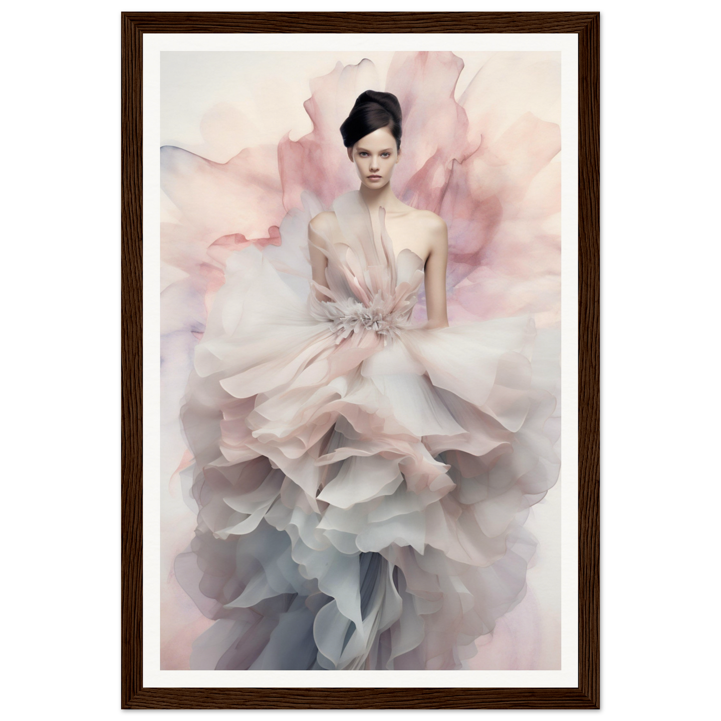 Elegant woman wearing a flowing, ethereal gown with ruffled layers in soft pastel hues.