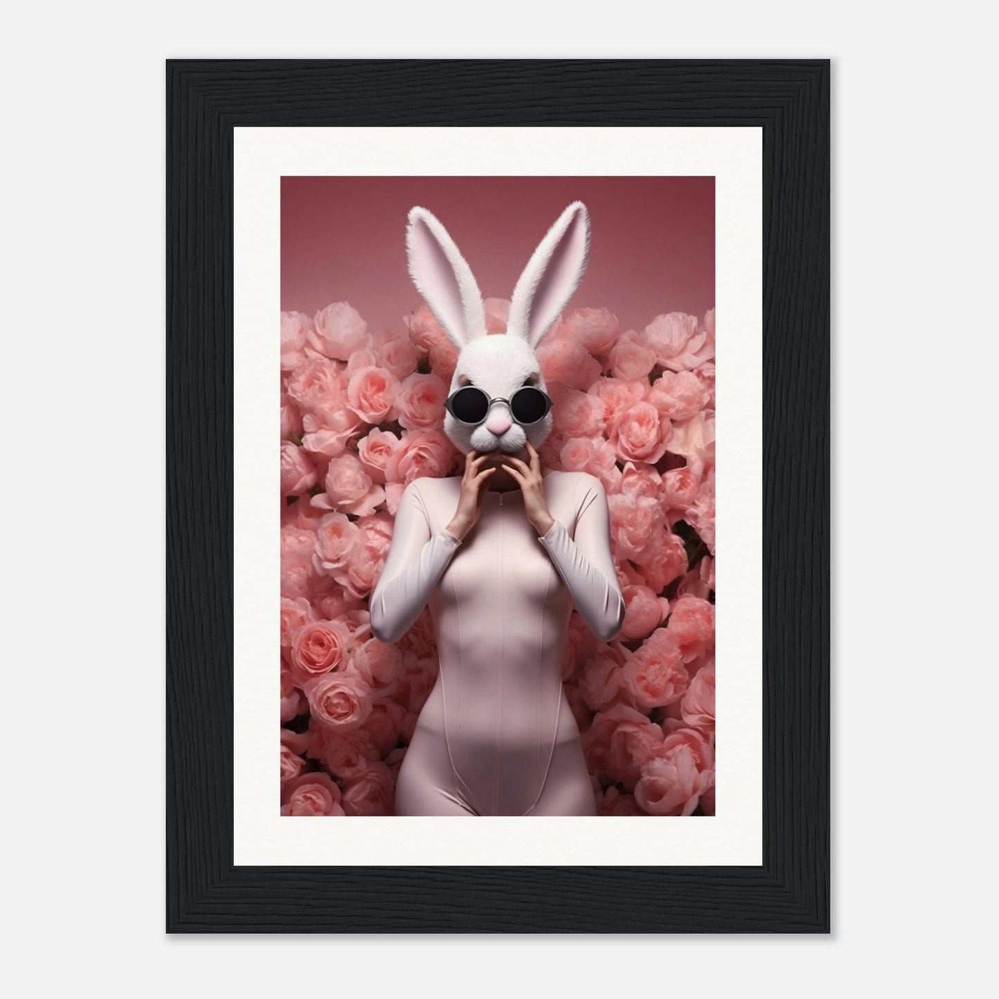 Figure wearing a white rabbit mask and sunglasses, surrounded by pink roses.