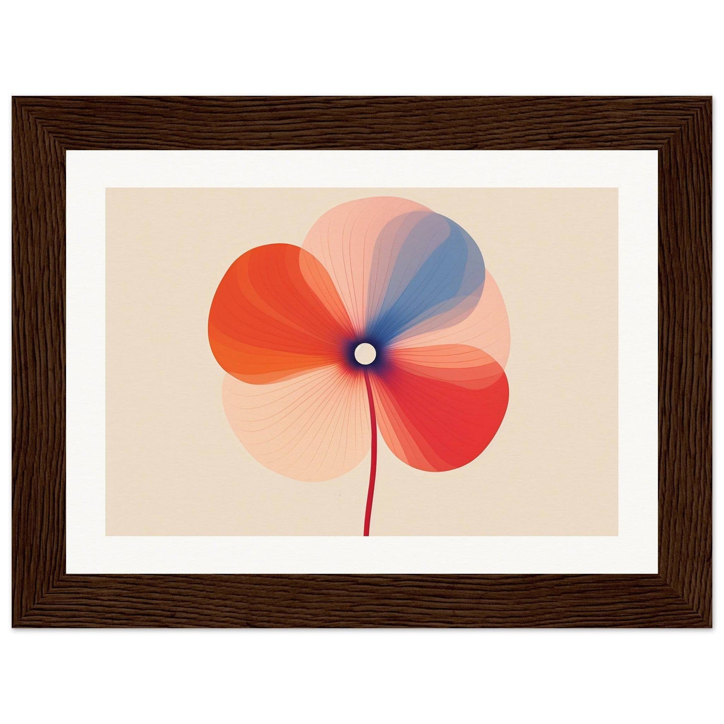 Stylized flower with overlapping translucent petals in red, orange, and blue tones.
