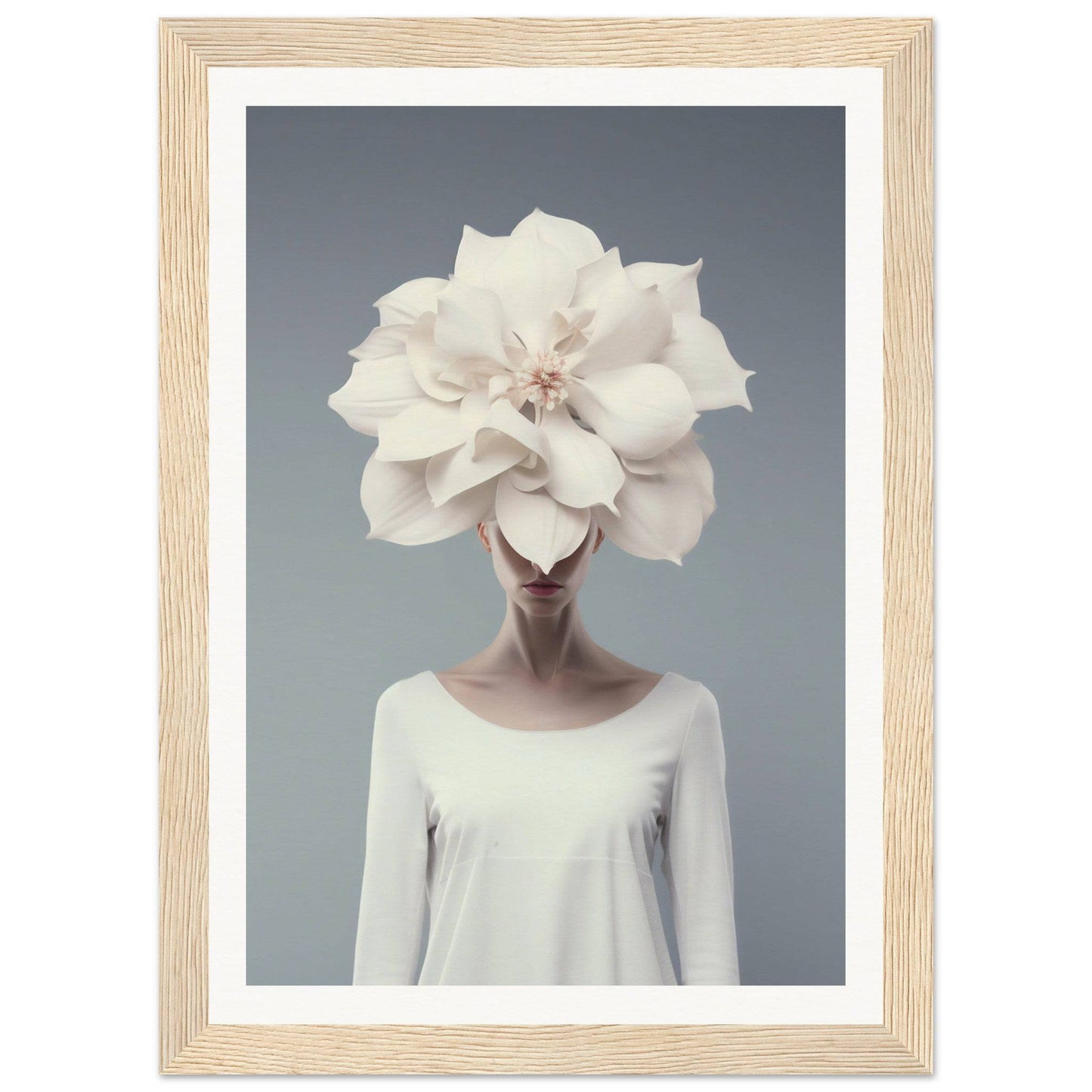 A figure wearing a white top with an oversized white flower covering their head and face.